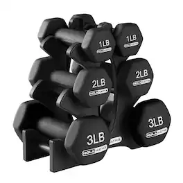 HolaHatha - 1, 2 and 3 lb Neoprene Dumbbell Strength Training Weight Set with Rack - Black
