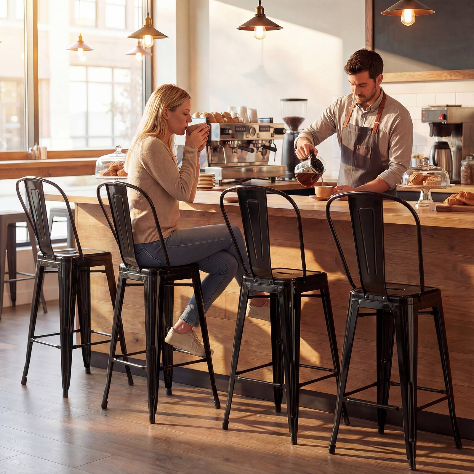 Alt View 4. Gymax - Gymax Metal Bar Stools Set of 4 24'' Counter Height Barstools w/ Backrests&Footrests Black - Black.
