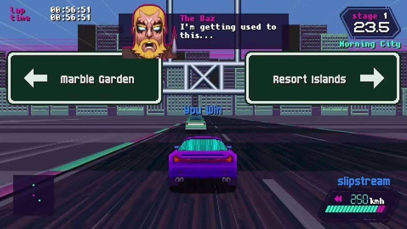 Lap time: 00:56:51  
60:56:51  
The Baz: I'm getting used to this...  
stage 1  
23.5  
Morning City  
Marble Garden  
Resort Islands  
slipstream  
288 km/h