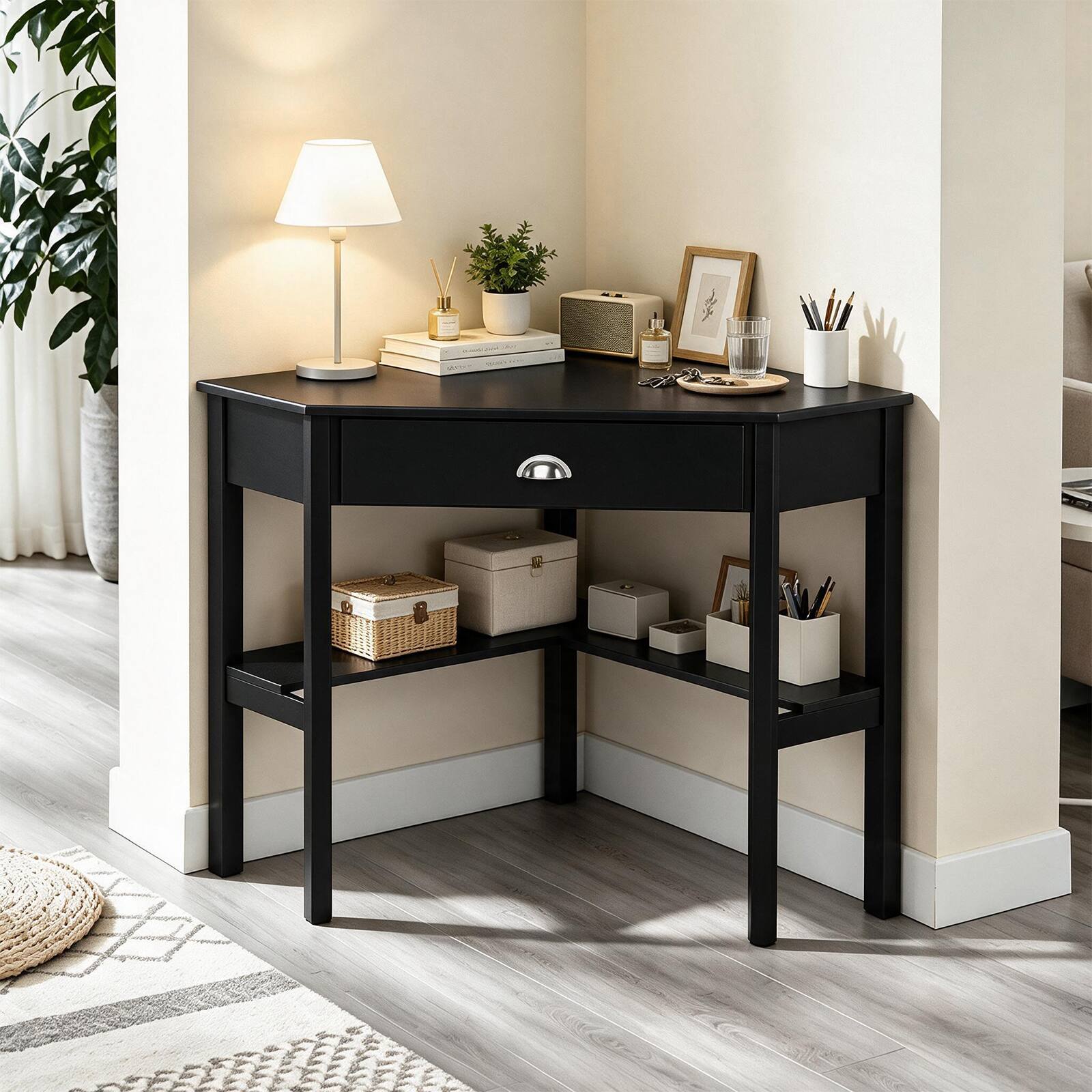 Alt View 2. Costway - Corner Desk Space-saving Triangular Computer Desk with Storage Drawer & Shelf - Rustic Black.