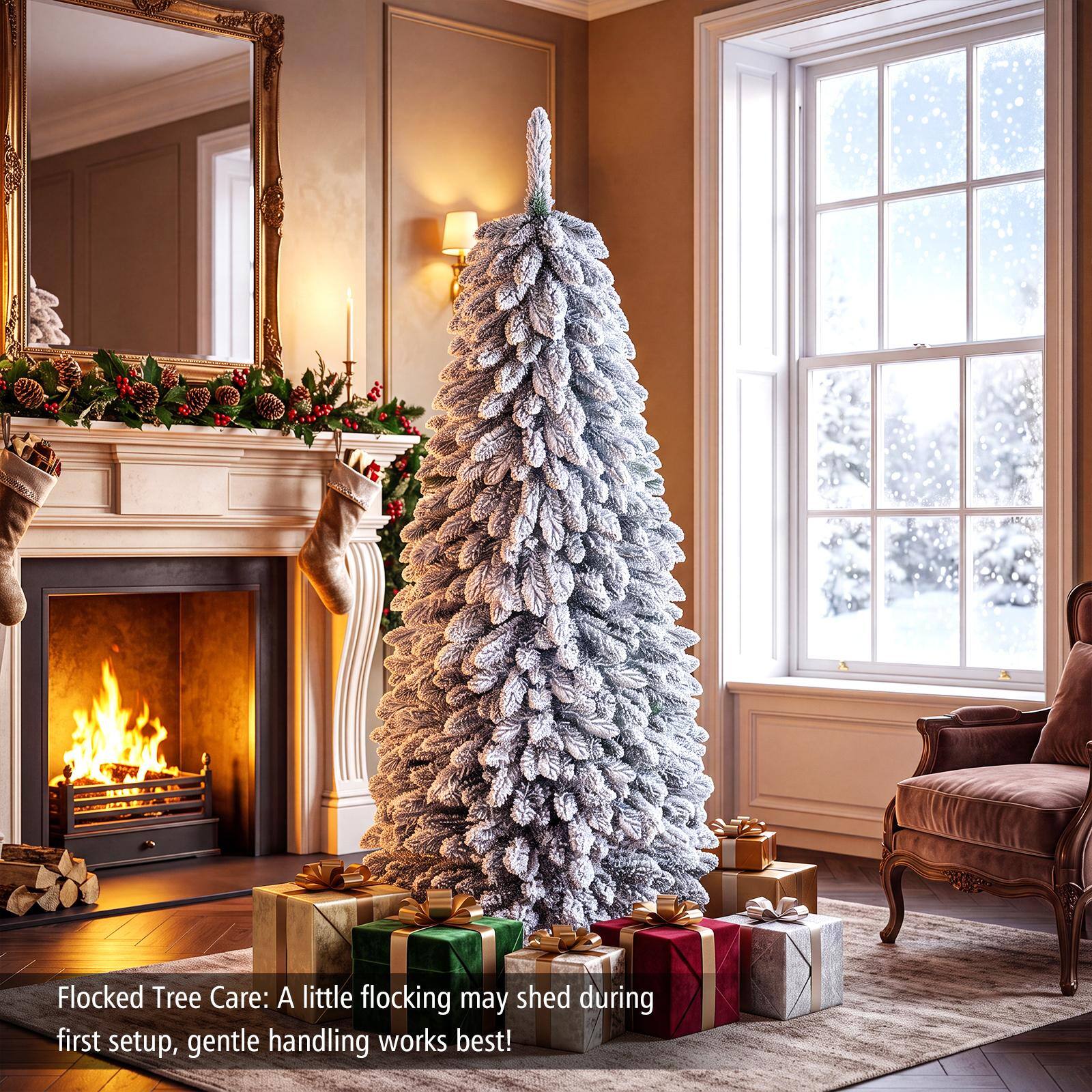 Flocked Tree Care: A little flocking may shed during first setup, gentle handling works best!