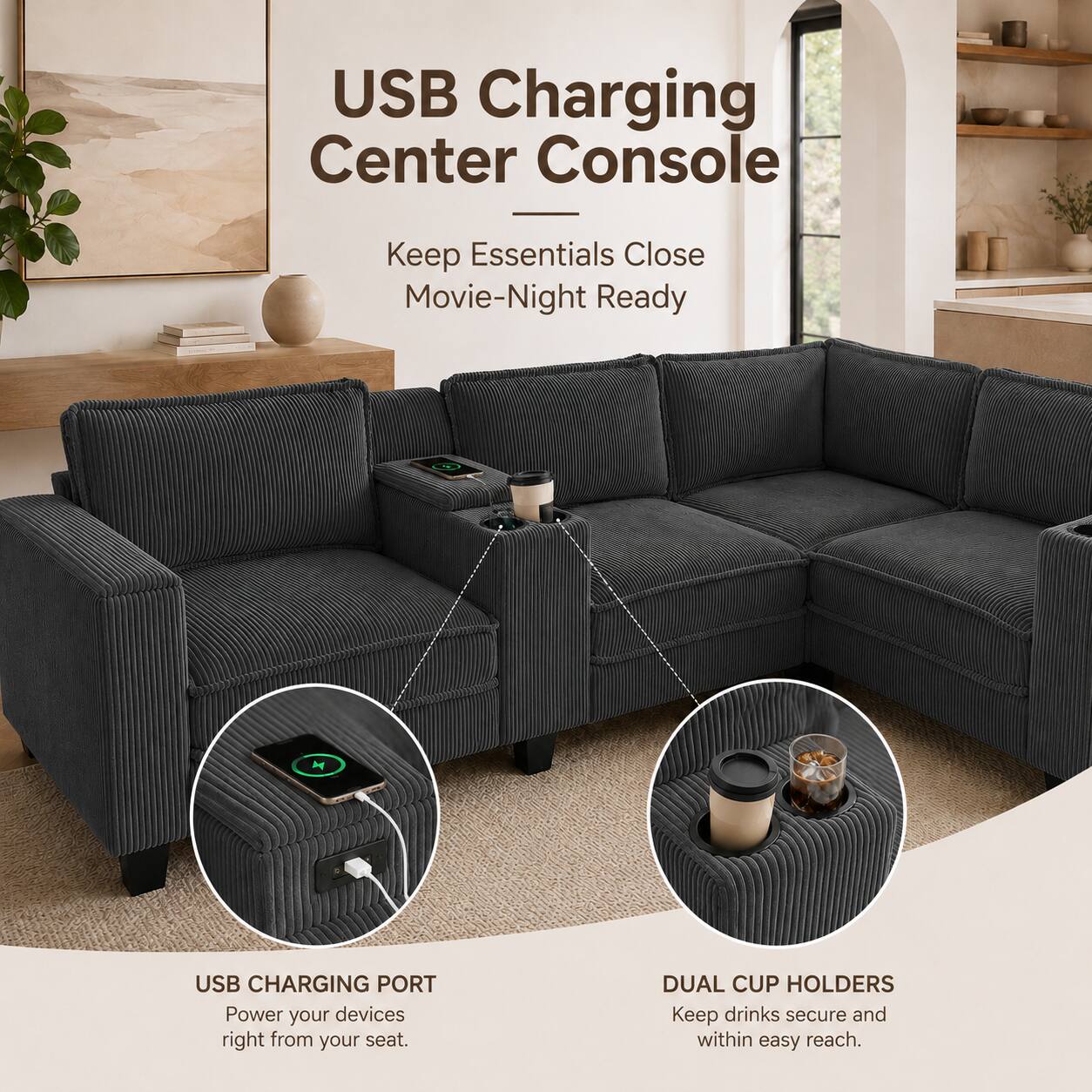 USB Charging Center Console  
Keep Essentials Close Movie-Night Ready  

USB CHARGING PORT  
Power your devices right from your seat.  

DUAL CUP HOLDERS  
Keep drinks secure and within easy reach.