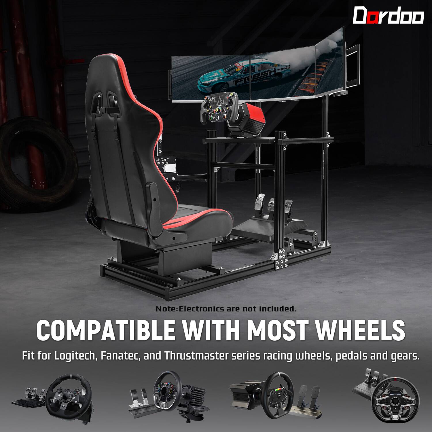 Dordoo  
FRESH  

Note: Electronics are not included.  
COMPATIBLE WITH MOST WHEELS  
Fit for Logitech, Fanatec, and Thrustmaster series racing wheels, pedals and gears.