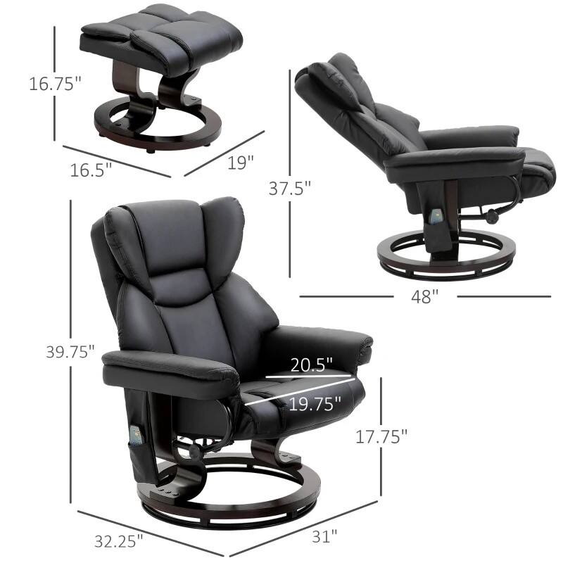 - Seat Height: 16.75"
- Seat Width: 16.5"
- Seat Depth: 19"
- Back Height: 37.5"
- Overall Height: 39.75"
- Overall Width: 48"
- Armrest Height: 20.5"
- Armrest Width: 19.75"
- Base Diameter: 17.75"
- Overall Depth: 32.25"
- Footrest Height: 31"