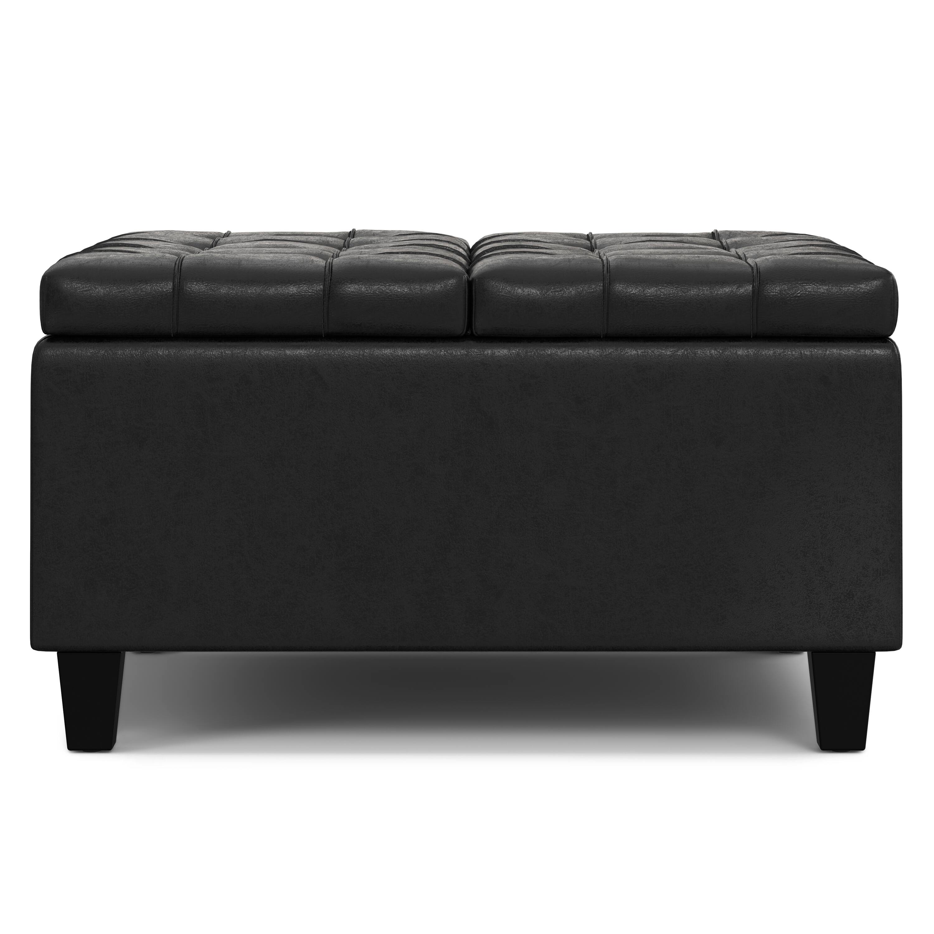 Left. Simpli Home - Harrison 30 inch Wide Small Square Coffee Table Storage Ottoman in Distressed Black Vegan Leather - Distressed Black.