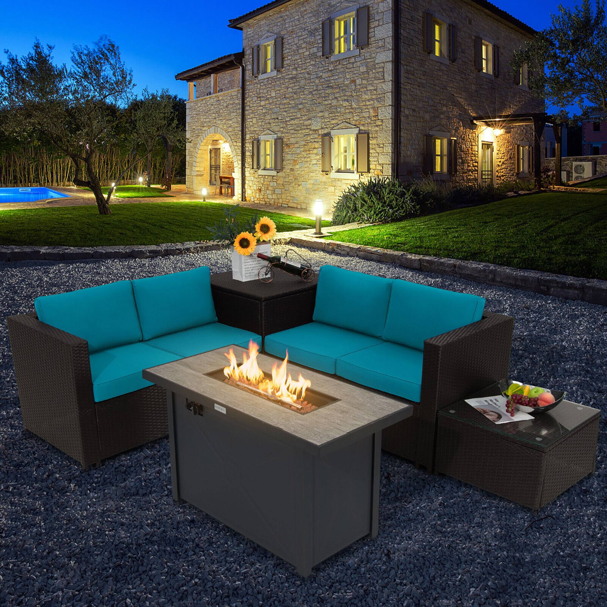 Alt View 2. Gymax - Gymax 5PCS Patio Rattan Furniture Set Fire Pit Table w/ Storage Cushion Turquoise - Turquoise.