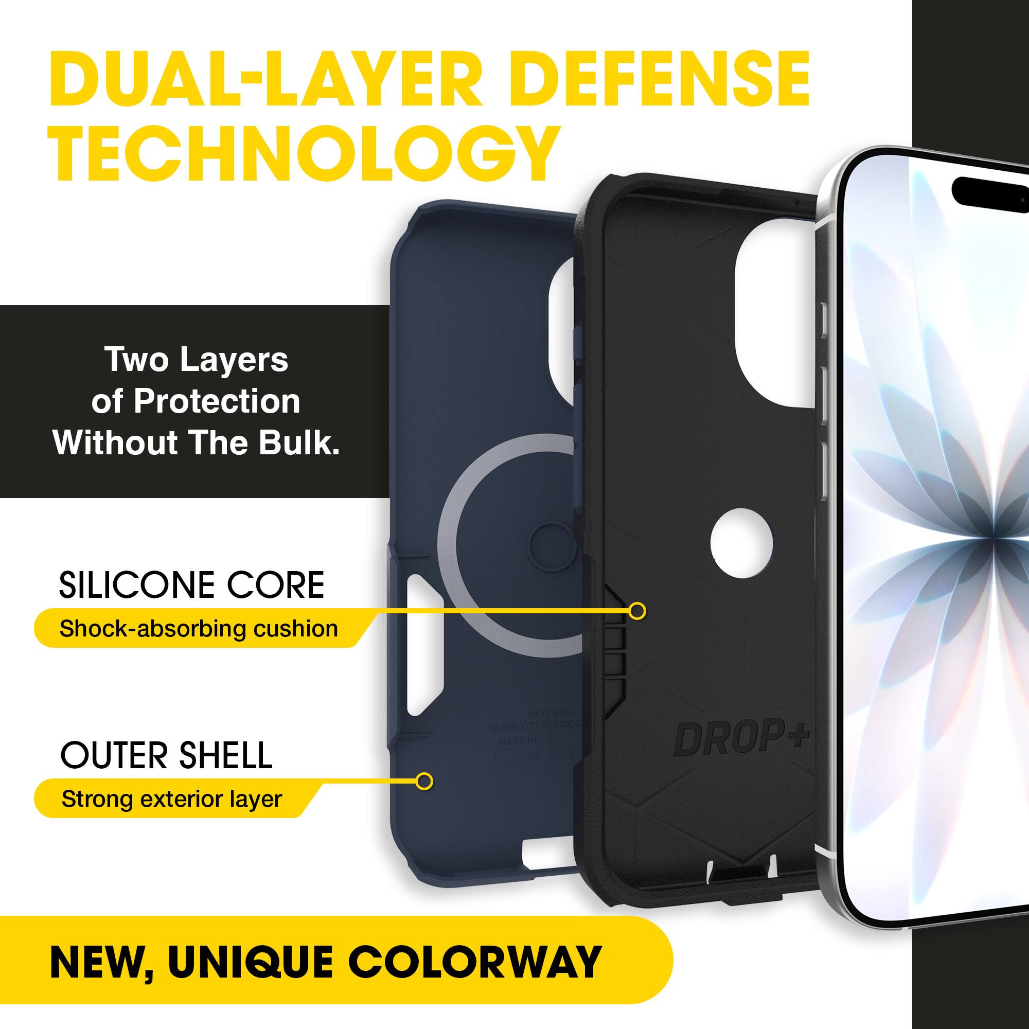 DUAL-LAYER DEFENSE TECHNOLOGY  
Two Layers of Protection Without The Bulk.  

SILICONE CORE  
Shock-absorbing cushion  

OUTER SHELL  
Strong exterior layer  

NEW, UNIQUE COLORWAY  

PAIENIA  
WWW.OTTERBOX.COM