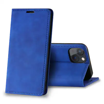 Front. Reiko - Magnetic Wallet Leather Phone Case For Apple Iphone 13 Mini (Blue) - Blue.