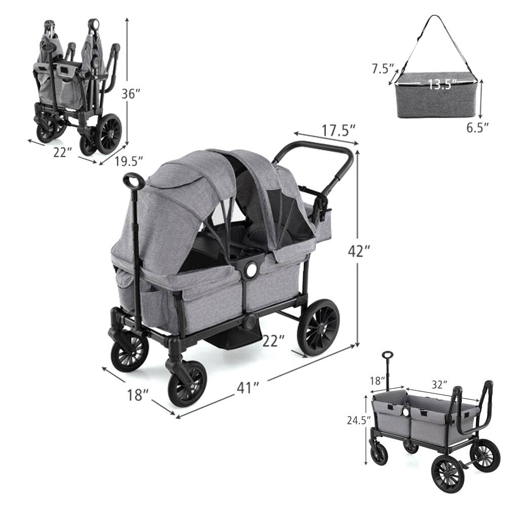 Sure, here is the corrected and grouped text from the image:

- **Main Cart:**
  - Height: 42"
  - Width: 41"
  - Depth: 18"
  - Handle Height: 17.5"
  - Wheel Diameter: 22"
  - Overall Width: 22"
  - Overall Depth: 19.5"

- **Side Basket:**
  - Height: 7.5"
  - Width: 13.5"
  - Depth: 6.5"

- **Smaller Cart:**
  - Height: 24.5"
  - Width: 32"
  - Depth: 18"
  - Wheel Diameter: 22"
