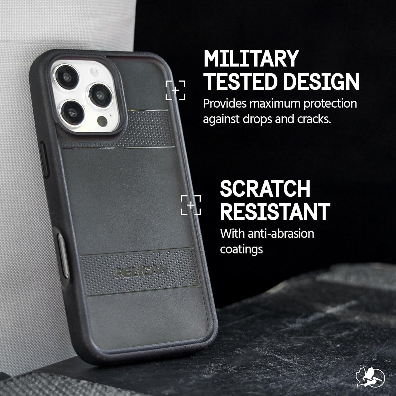 MILITARY TESTED DESIGN  
Provides maximum protection against drops and cracks.  

SCRATCH RESISTANT  
With anti-abrasion coatings