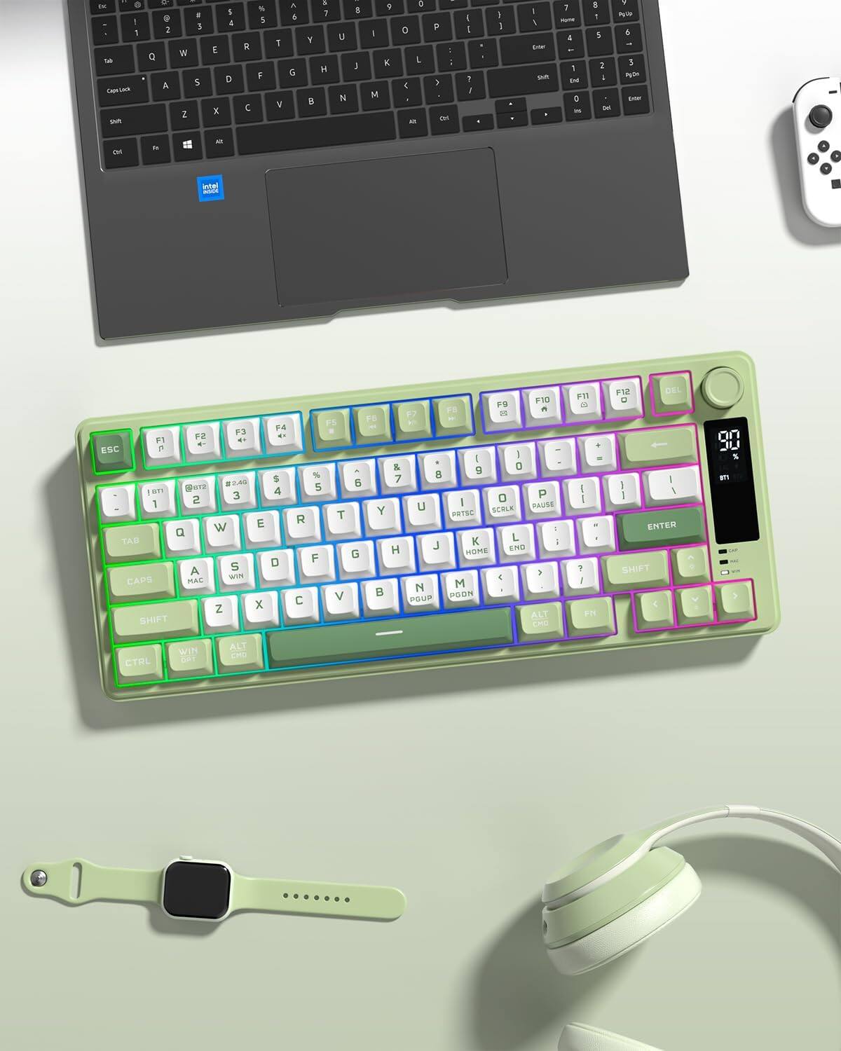 Sure, here is the corrected and grouped text from the image:

---

**Top Row:**
- Esc
- F1 F2 F3 F4 F5 F6 F7 F8 F9 F10 F11 F12 Del

**Number Row:**
- 1 2 3 4 5 6 7 8 9 0 - = Backspace

**QWERTY Row:**
- Tab Q W E R T Y U I O P [ ] \

**A Row:**
- CapsLock A S D F G H J K L ; ' Enter

**Z Row:**
- Shift Z X C V B N M , . / Shift

**Function Row:**
- Fn Ctrl Win Alt Spacebar Alt Gr

**Bottom Row:**
- Ctrl Fn Win Alt

**Special Keys:**
- Home End PgUp PgDn

**Other Keys:**
- Insert Delete

**Additional Labels:**
- Intel Core i5

**Keyboard Display:**
- 9:07
- 92%
- 811

---

This should cover all the visible text and labels from the image.