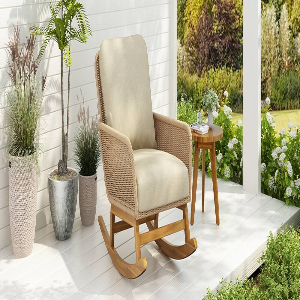 Back. Loheer - Loheer Beige Wicker Rocking Chair Indoor Outdoor Patio Rocker - Beige.