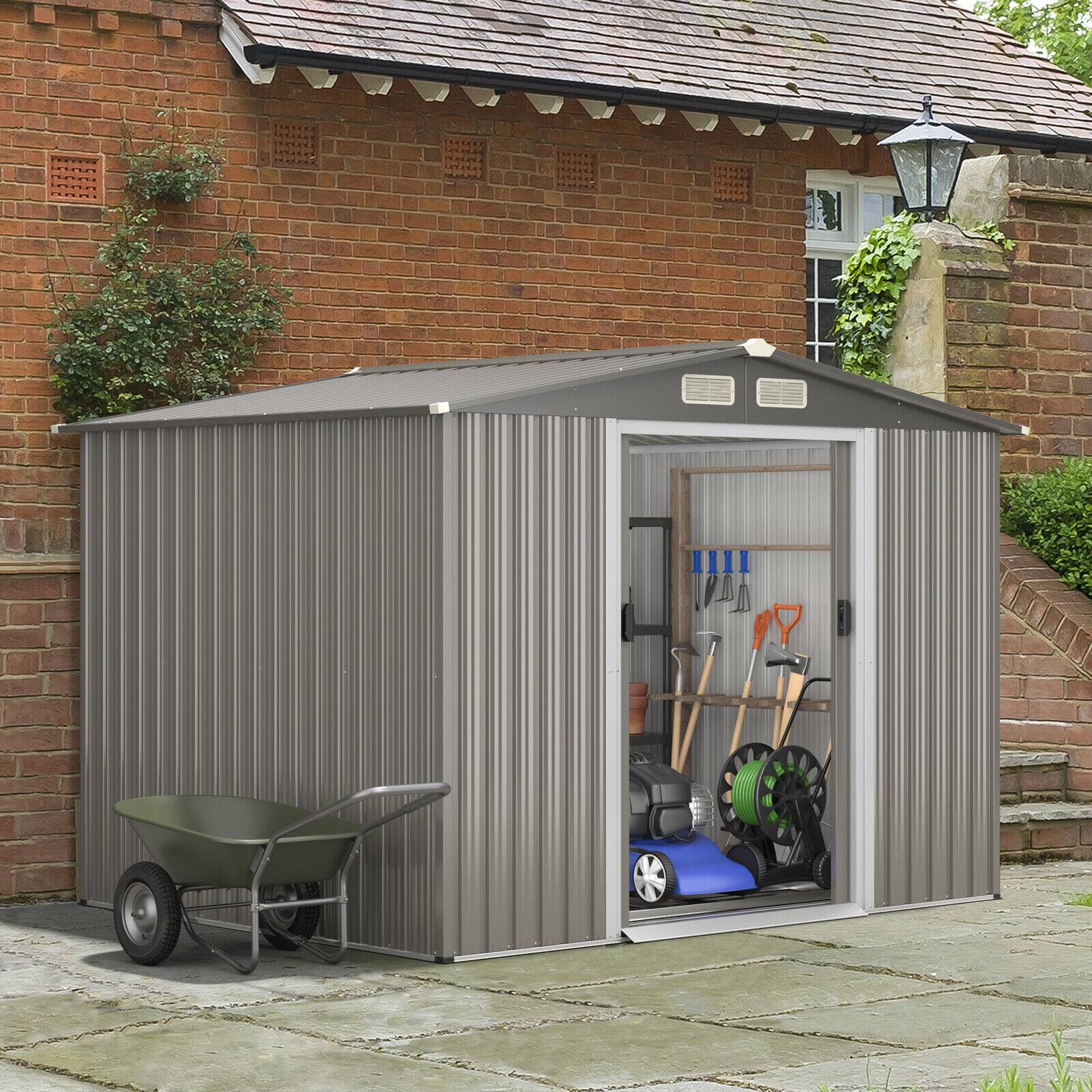 Angle. SlickBlue - Durable Galvanized Steel Garden Storage Shed for Tools and Equipment - Grey.