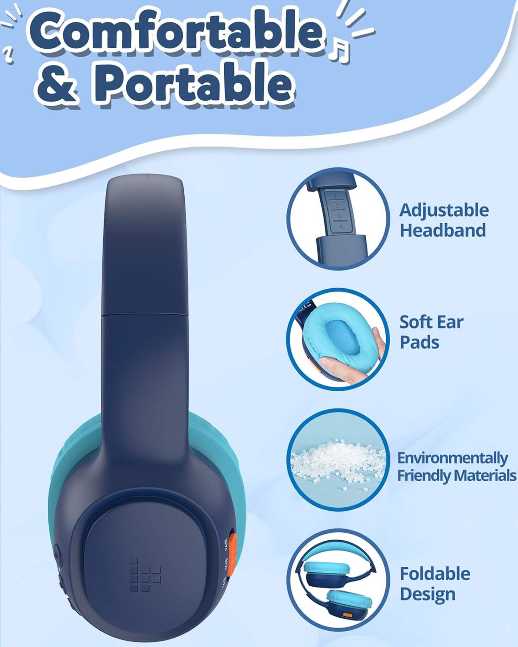 Comfortable & Portable: Adjustable Headband, Soft Ear Pads, Environmentally Friendly Materials, Foldable Design.