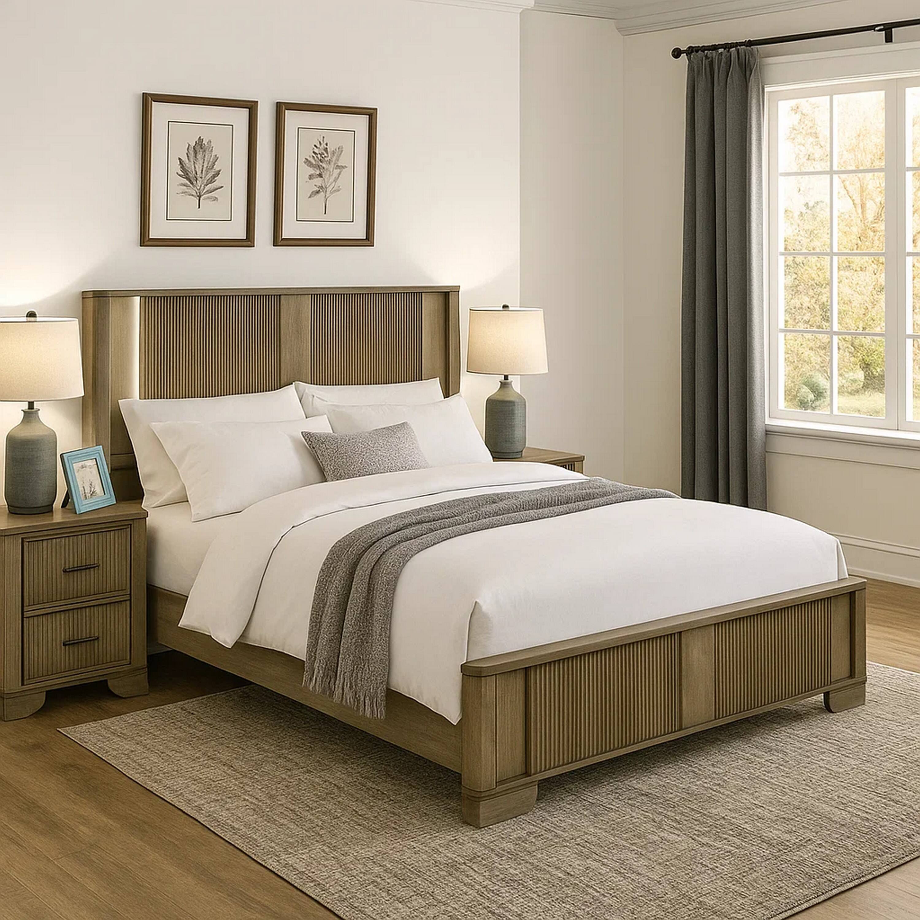 Alt View 6. Manhattan Lane - Leky Queen Bed, LED Headboard, Fluted Patterns, Antique Oak Brown Wood - Oak Brown.