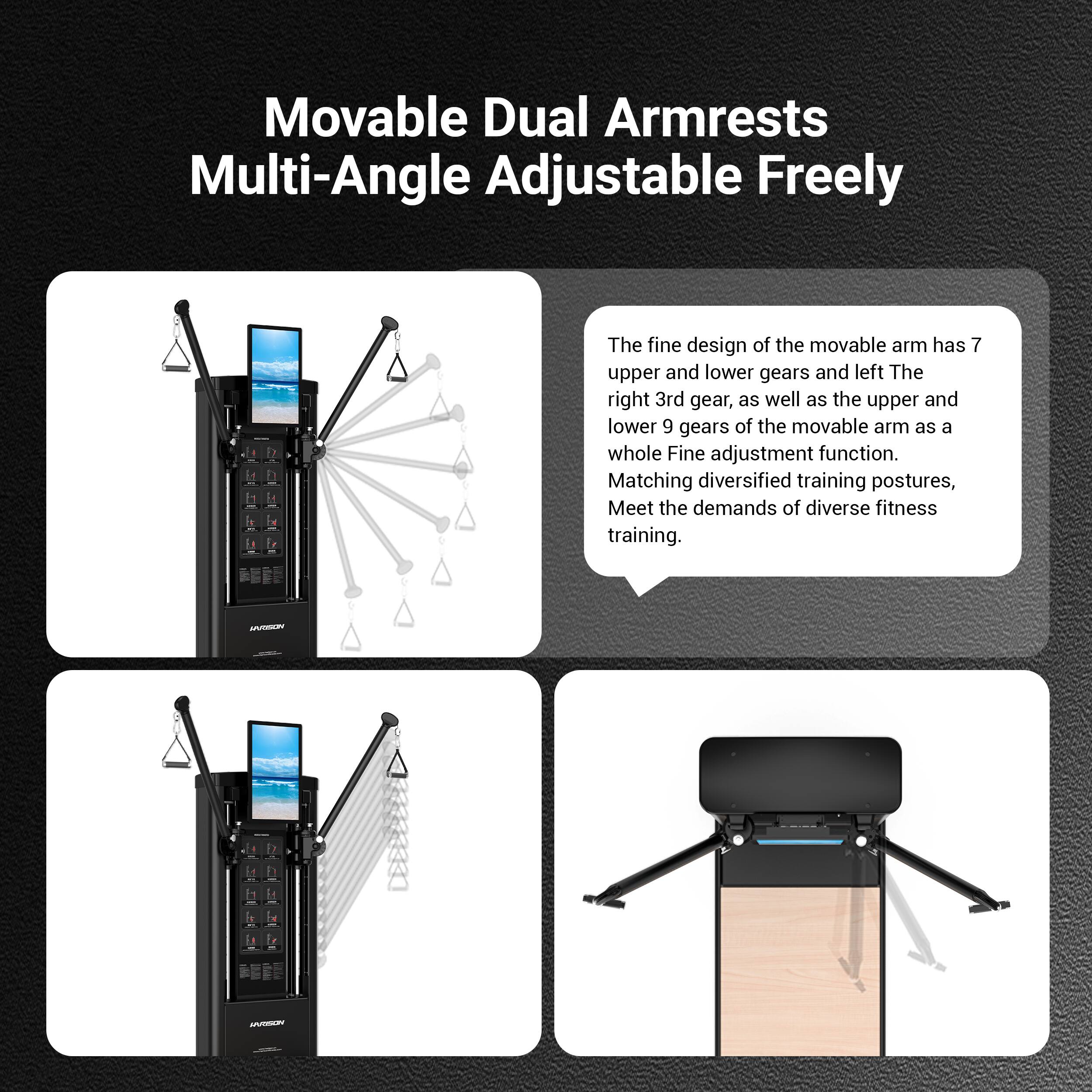 Movable Dual Armrests Multi-Angle Adjustable Freely

The fine design of the movable arm has 7 upper and lower gears and left The right 3rd gear, as well as the upper and lower 9 gears of the movable arm as a whole Fine adjustment function. Matching diversified training postures, Meet the demands of diverse fitness training.