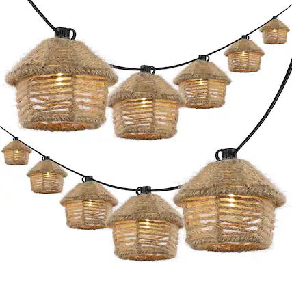 Front. Jonathan Y - Maui 10-Light Indoor/Outdoor 10 ft. Mid-Century Vintage LED G40 Tiki Hut Hemp Rope Shaded String Lights, Brown - Brown.