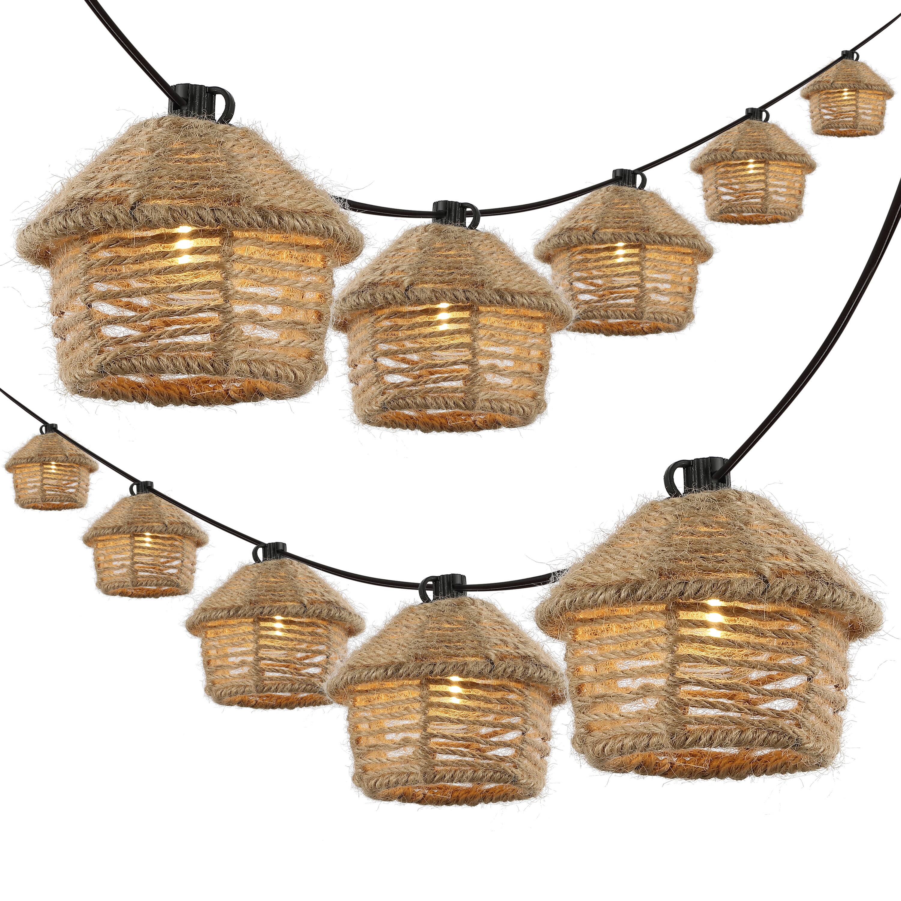 Front. Jonathan Y - Maui 10-Light Indoor/Outdoor 10 ft. Mid-Century Vintage LED G40 Tiki Hut Hemp Rope Shaded String Lights, Brown - Brown.