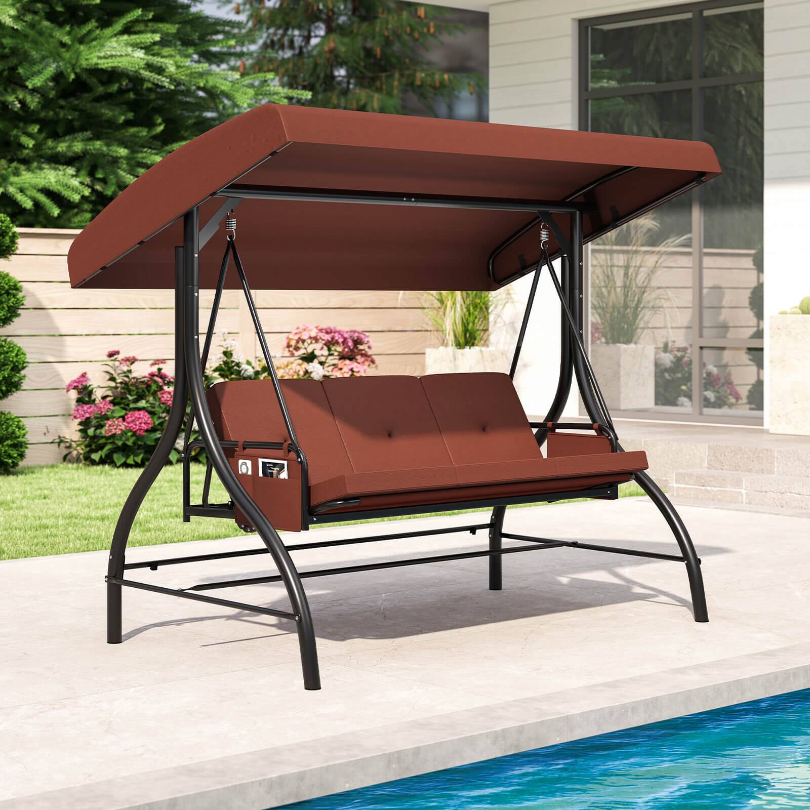 Alt View 1. Costway - Costway 3-Seat Patio Swing with Canopy with Removable Cushions & Side Pockets Stand - Brown.