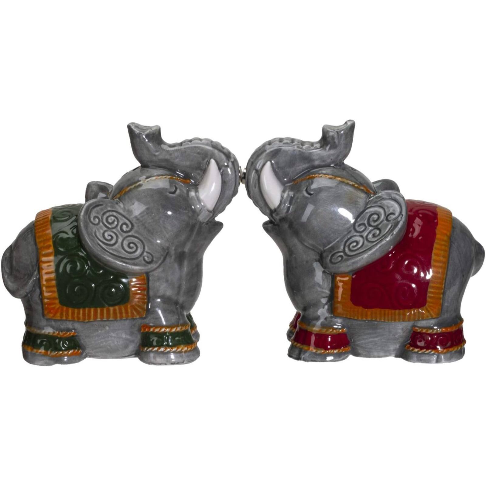 Angle. Pacific Trading - Raja Elephants Ceramic Magnetic Salt and Pepper Shakers Set - Multicolor.