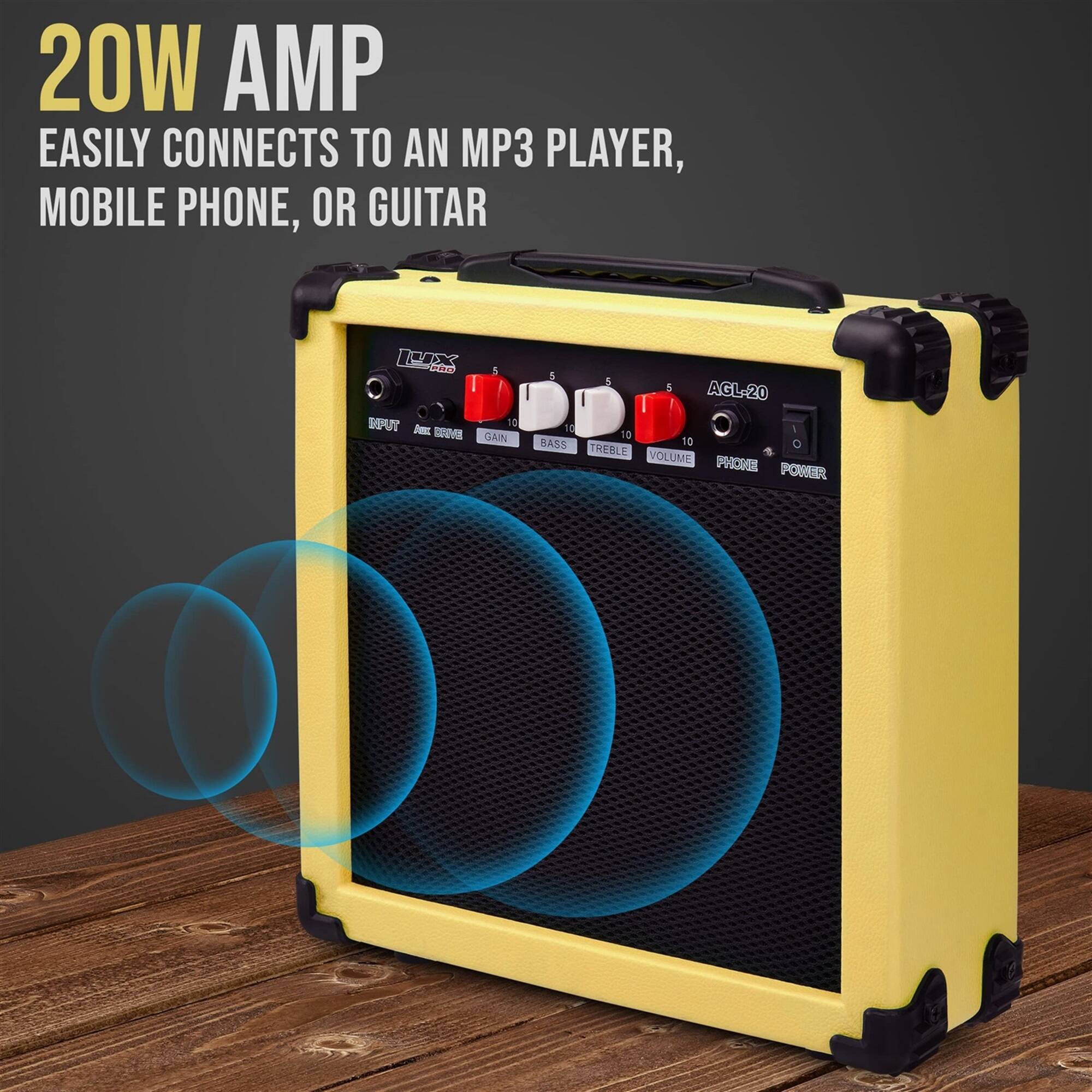 20W AMP EASILY CONNECTS TO AN MP3 PLAYER, MOBILE PHONE, OR GUITAR

INPUT
GAIN
BASS
TREBLE
VOLUME
PHONE
POWER