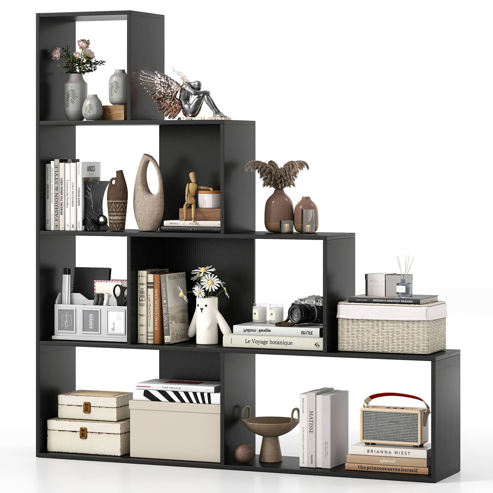 Gymax - 4-Tier Bookshelf w/ 6 Storage Cubes 64'' Tall Modern Geometric Stair Bookcase - Black
