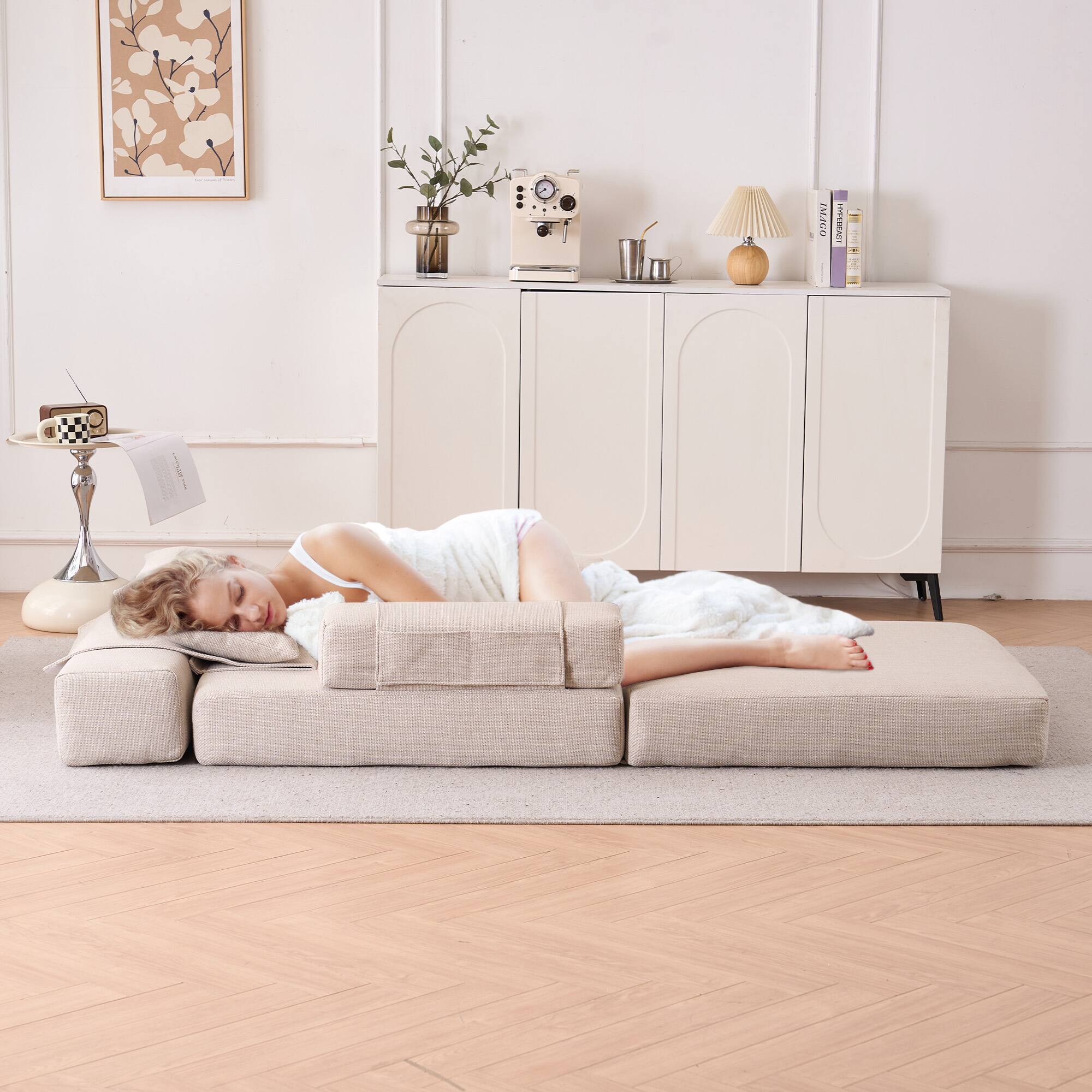 Left. FERPIT - FERPIT 3-in-1 Convertible Sleeper Sofa Chair with Pillow, Foldable Upholstered Lounger for Living Room, Beige - Beige.