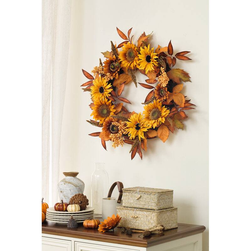 Front. Siljoy - 22" Artificial Orange Sunflower Wreath - Burnt Orange .