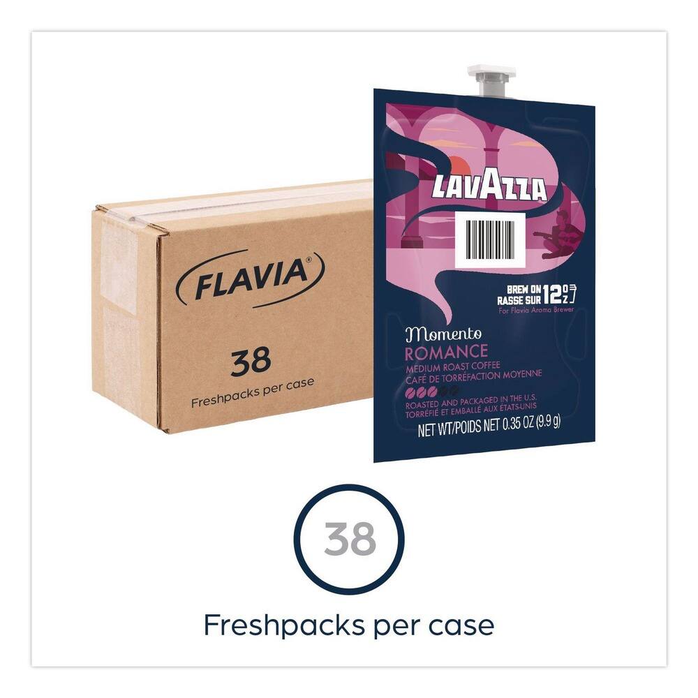 LAVAZZA FLAVIA 38 per case Freshpacks BREW ON 12 For Flavio Aroma Brewer Momento ROMANCE MEDIUM ROAST COFFEE TORRFACTION MOYENNE CAF DE TORRFACTION MOYENNE ROASTED AND PACKAGED IN THE U.S. ETATS-UNIS ET EMBALLÉ AUX ETATS-UNIS NET WT/POIDS NET 0.35 OZ (9.9g) 38 Freshpacks per case