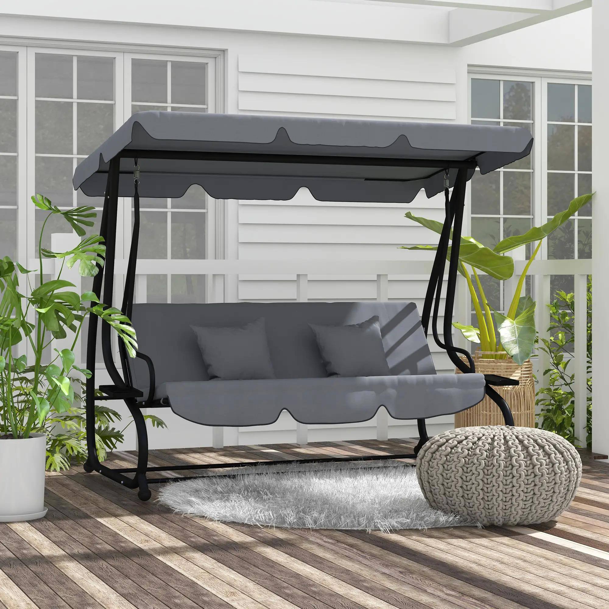 Back. Resenkos - Resenkos 3-Seat Swing Chair, Convertible Flatbed Glider With Adjustable Canopy, Dark Gray.