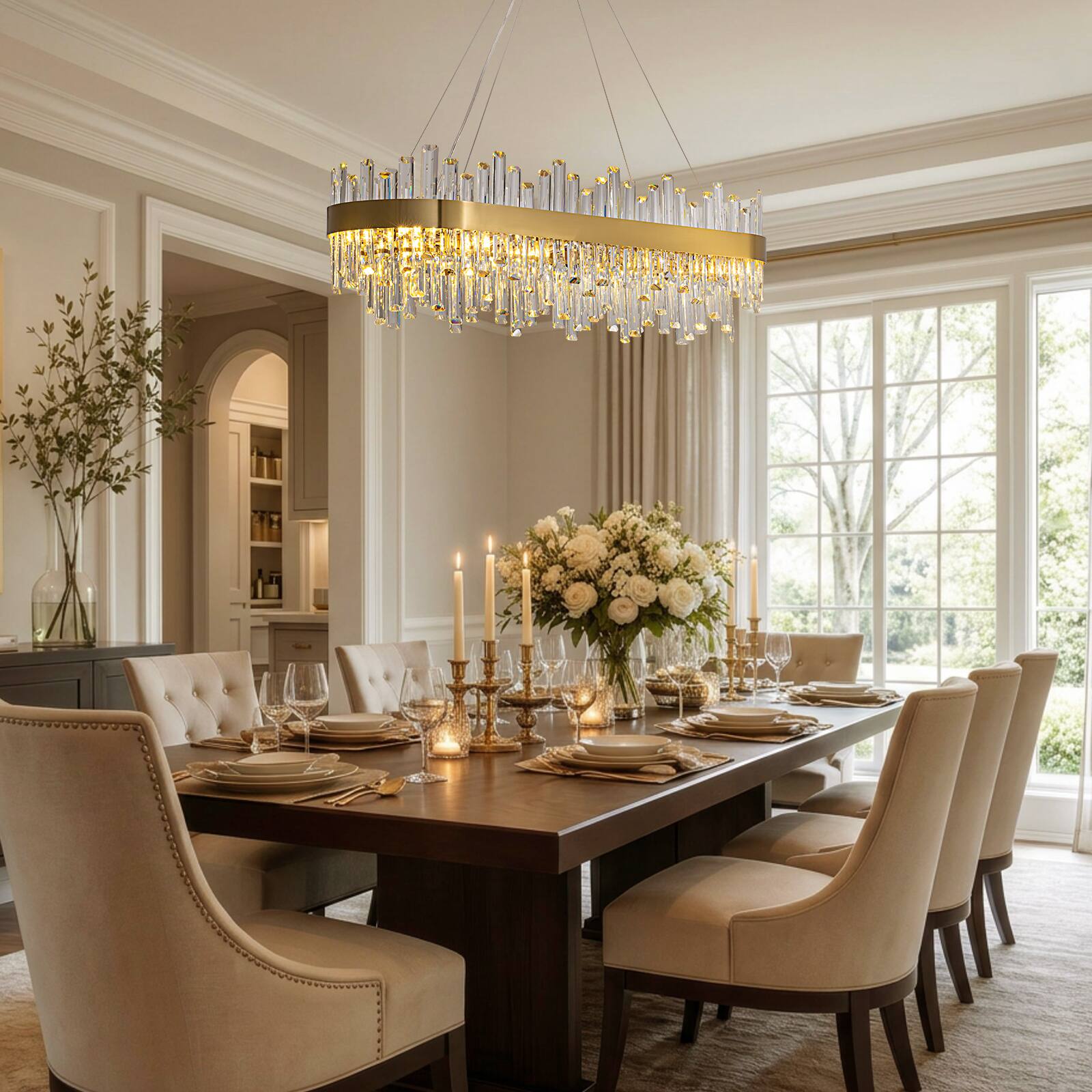 Angle. Siljoy - Luxury Rectangle Crystal Chandelier, 40" Gold Linear Chandelier, 16-Light for Kitchen Island Foyer Living Room - Gold.
