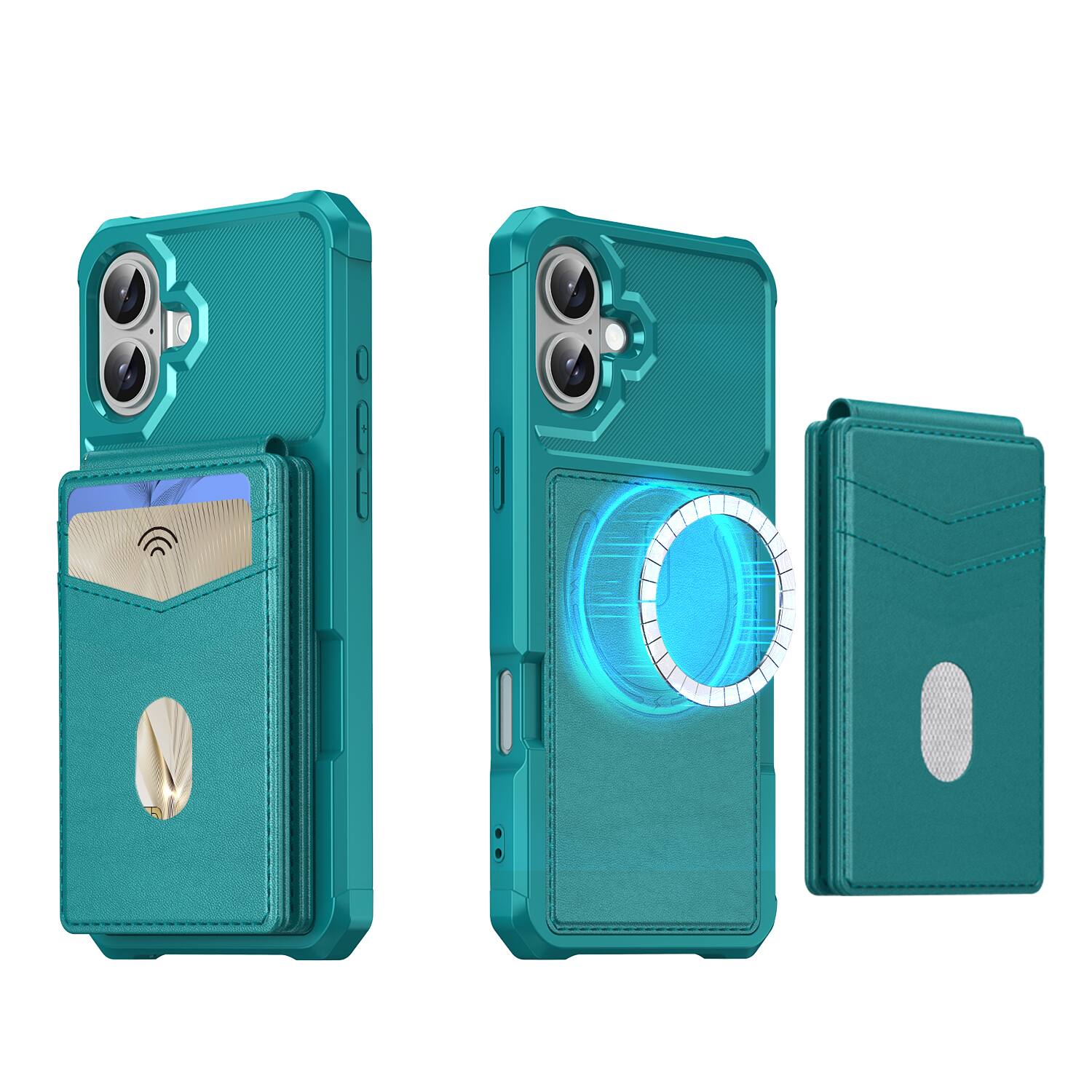 Angle. Dteck - For Apple iPhone 17 Wallet Case 2-in-1 Magnetic Leather Flip Stand RFID Blocking Cover With Detachable Card Holder - Green.