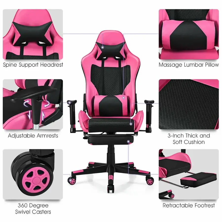 The text on the image is grouped as follows:

1. Spine Support Headrest
2. Massage Lumbar Pillow
3. Adjustable Armrests
4. 3-Inch Thick and Soft Cushion
5. 360 Degree Swivel Casters
6. Retractable Footrest