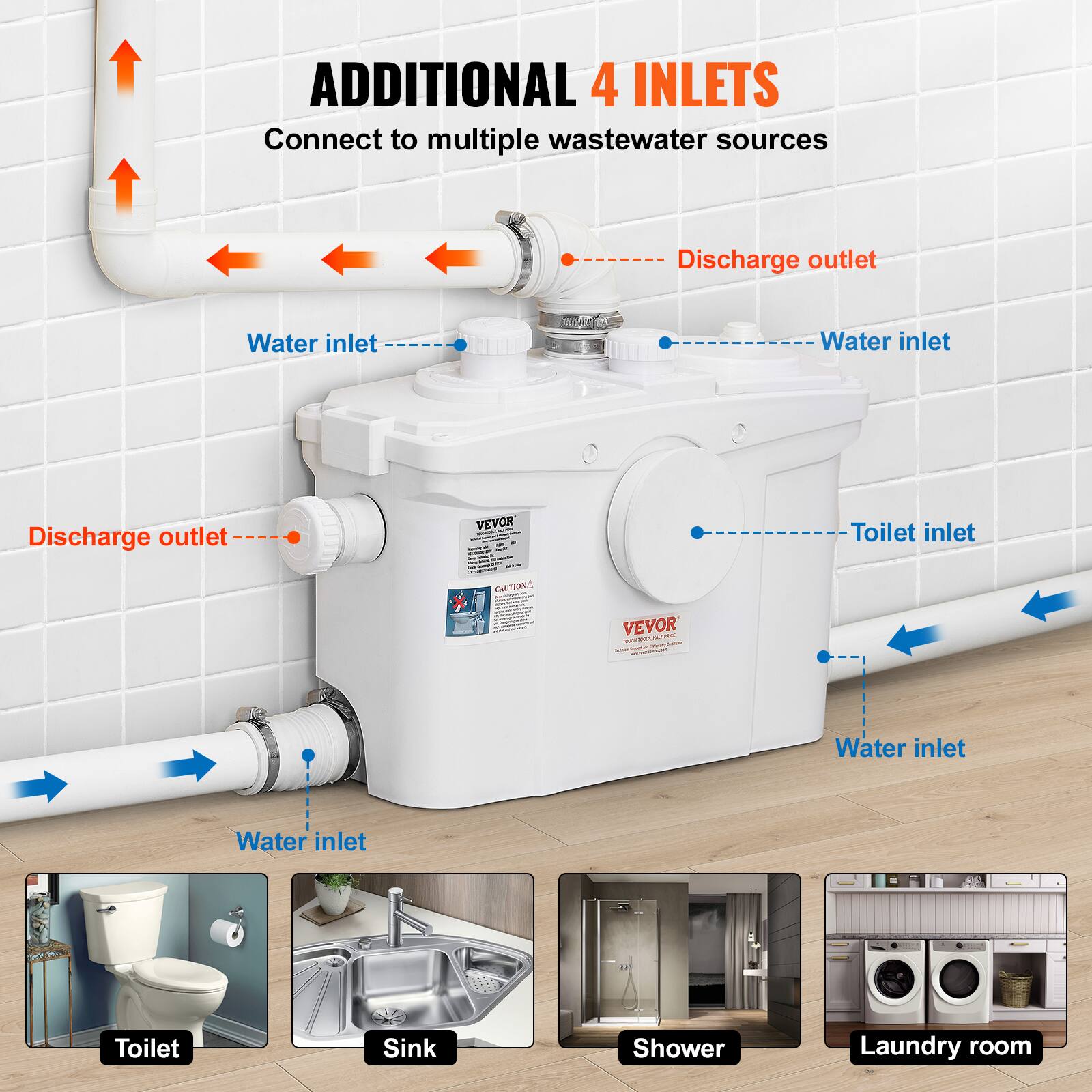 ADDITIONAL 4 INLETS  
Connect to multiple wastewater sources

- Discharge outlet
- Water inlet
- Water inlet
- Discharge outlet
- Toilet inlet
- Water inlet
- Water inlet

VEVOR - use - CAUTIONA C C G  
VEVOR - a PRO - -

Toilet  
Sink  
Shower  
Laundry room