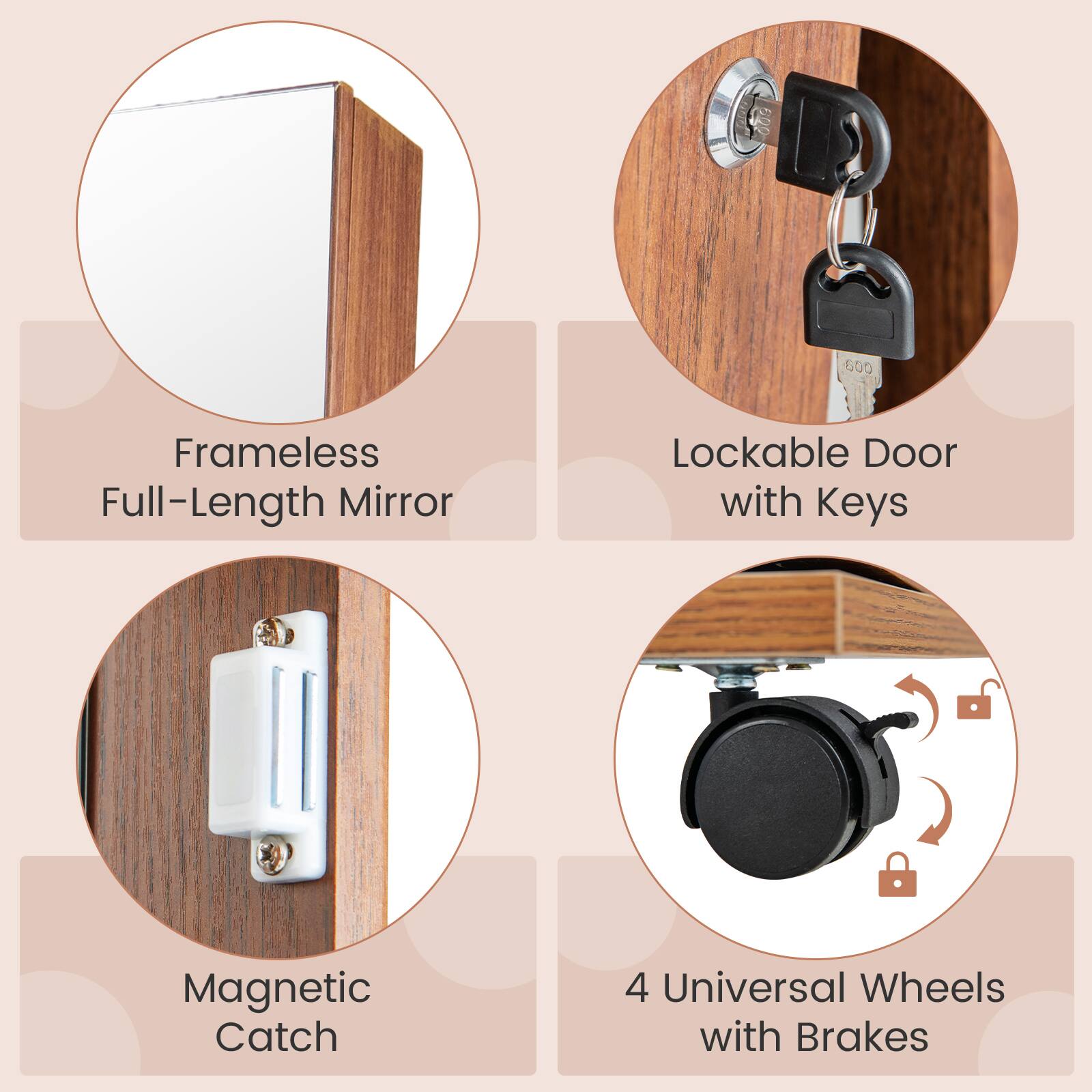 600 Frameless Full-Length Mirror Lockable Door with Keys Magnetic Catch 4 Universal Wheels with Brakes