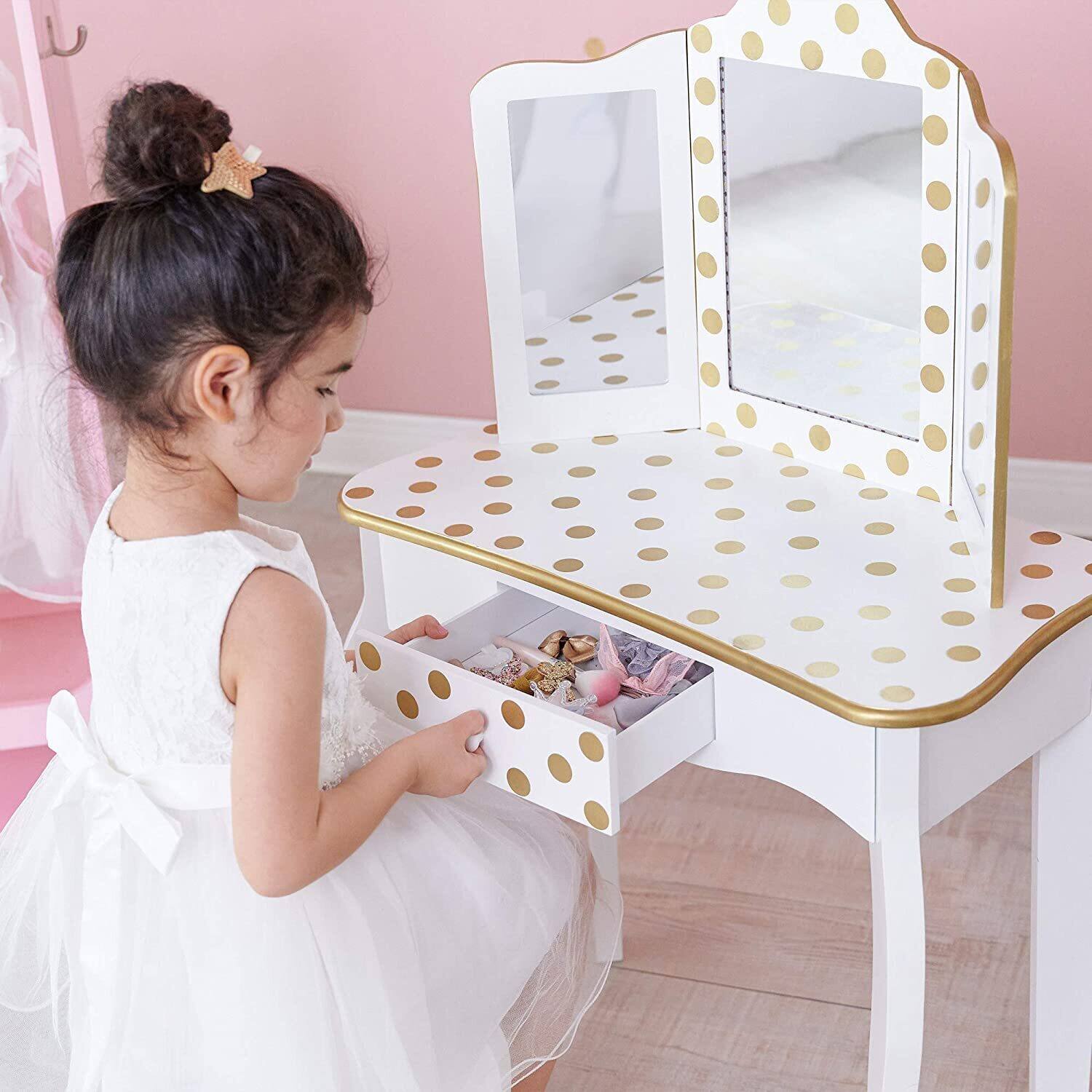 Alt View 1. Winado - Wooden Vanity Dressing Table Chair Set Little Girls Princess Makeup Dresser Desk Folding Mirror for Children Kids Gift - White.