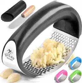 Zulay Kitchen - Stainless Steel Garlic Press Rocker with Peeler and Scraper - Black