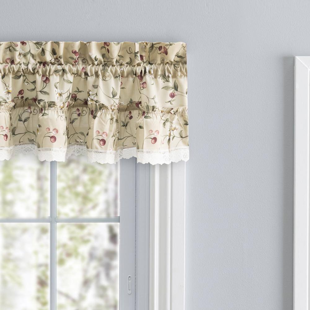 Left. Ellis Curtain - Ellis Curtain Cherries Ruffled 1.5" Rod Pocket Valance for Windows 52" x 12" Natural - Natural.