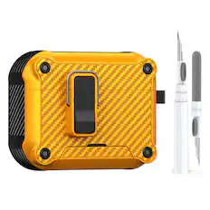 Front. Dteck - Rugged Case for Airpods Pro 3rd Gen (2025) Heavy Duty Drop Protective Magnetic Lock Cover With Keychain + Clean Kit Pen - Yellow.