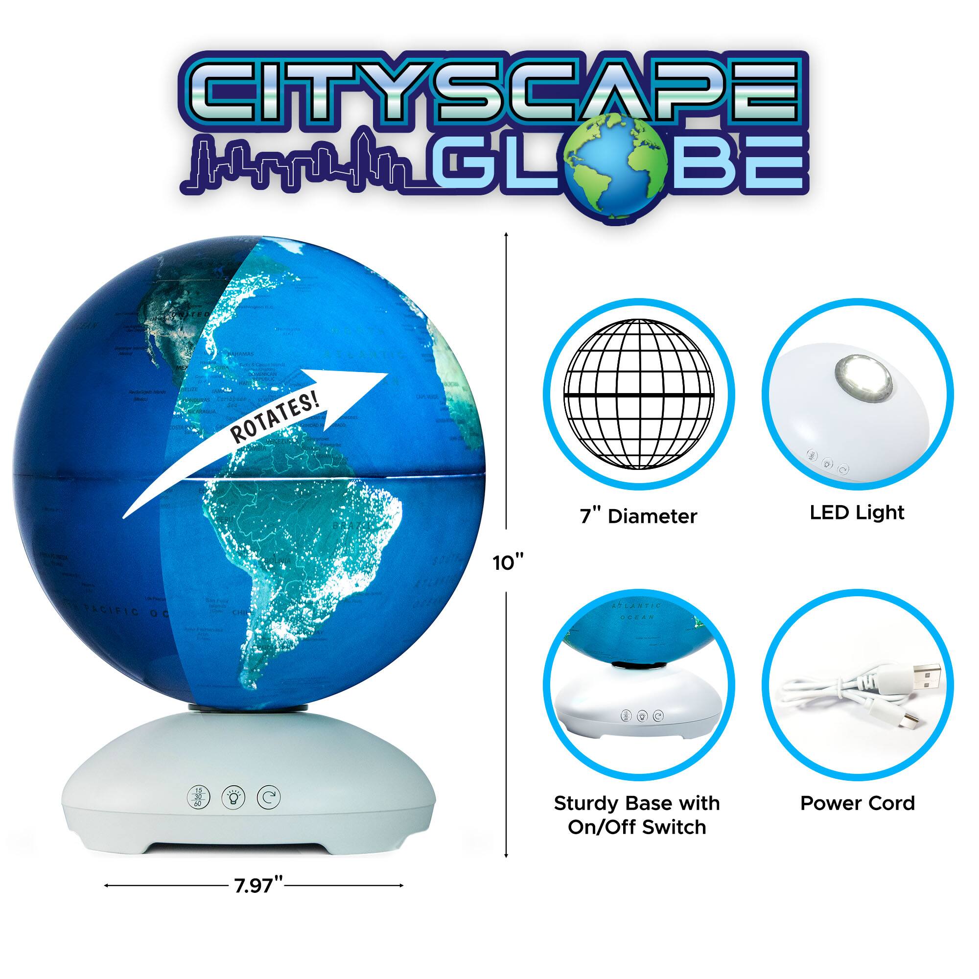 CITYSCAPE GLOBE - | |   ROTATES! - 7" Diameter - LED Light - 10" - Sturdy Base with On/Off Switch - Power Cord - 7.97"