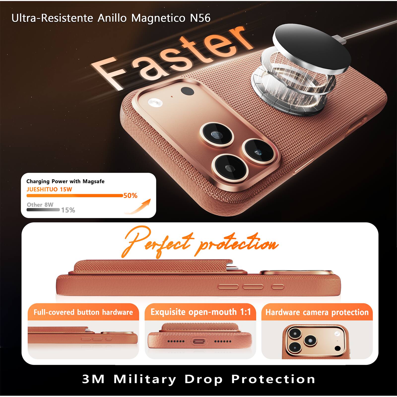 Ultra-Resistente Anillo Magnético N56

Faster Charging Power with Magsafe  
JUESHITUO 15W  
50%  
Other 8W  
15%

Perfect protection

Full-covered button hardware  
Exquisite open-mouth 1:1  
Hardware camera protection

3M Military Drop Protection