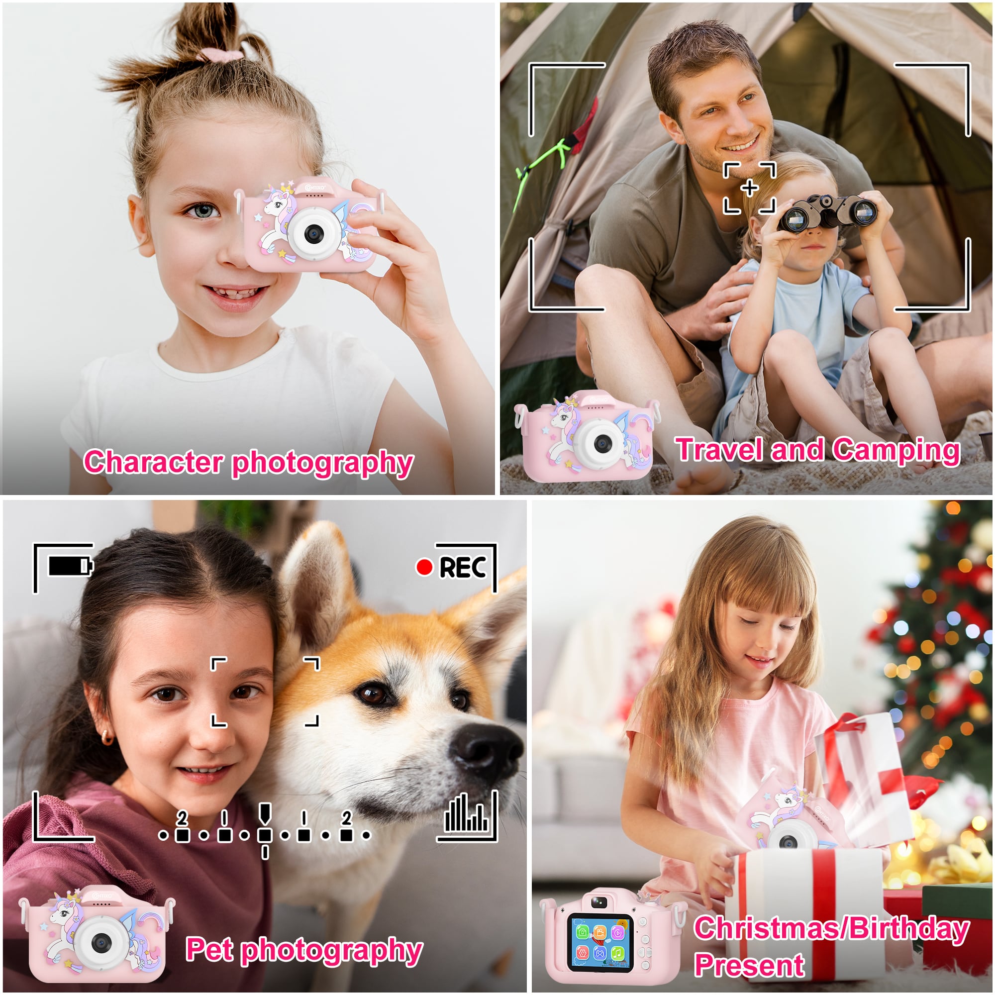 The text on the image can be grouped and corrected as follows:
1. Character photography
2. Travel and Camping
3. Pet photography
4. Christmas/Birthday Present
Each of these phrases represents a different category of photographs, showcasing various subjects and occasions.