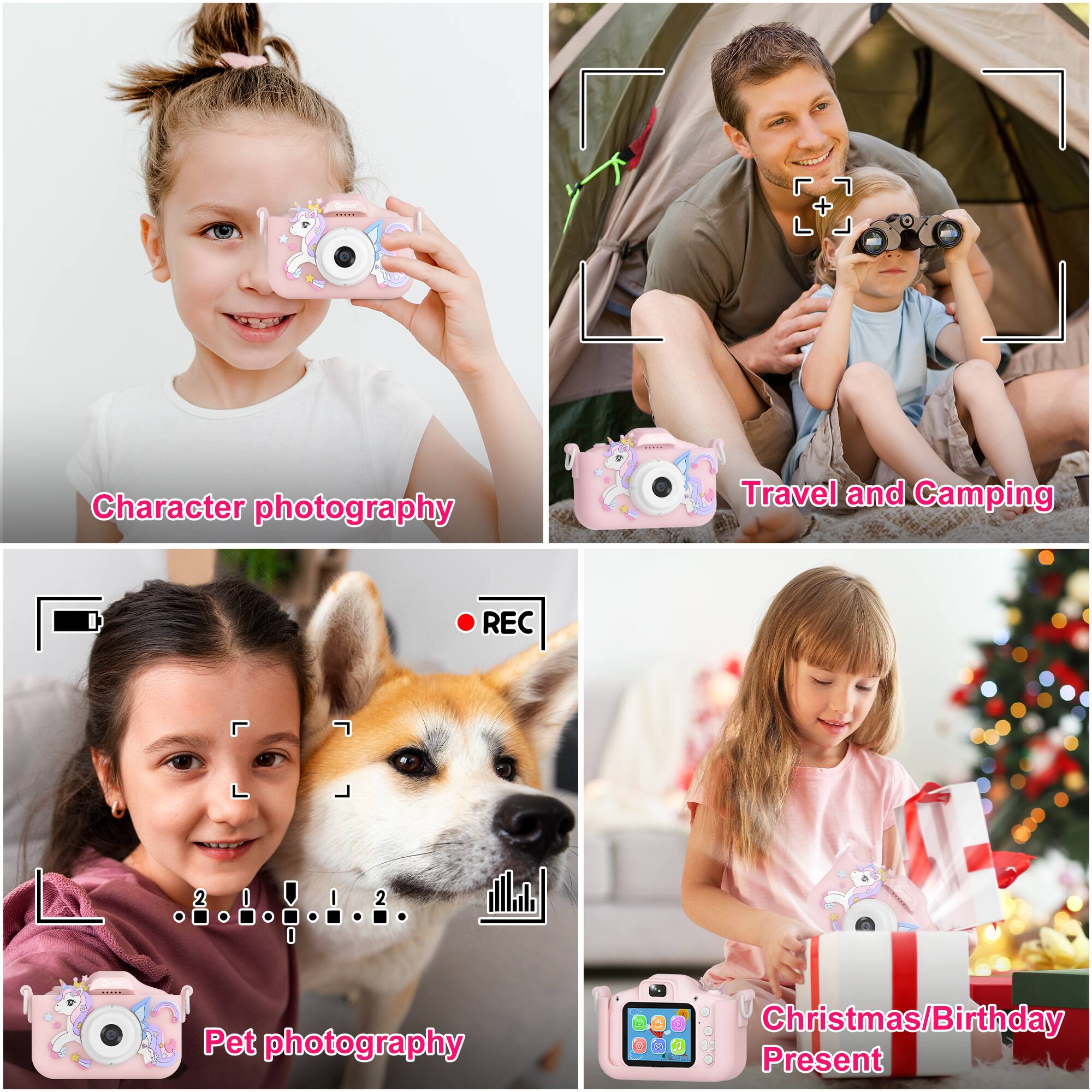 The text on the image can be grouped and corrected as follows:

1. Character photography
2. Travel and Camping
3. Pet photography
4. Christmas/Birthday Present

Each of these phrases represents a different category of photographs, showcasing various subjects and occasions.
