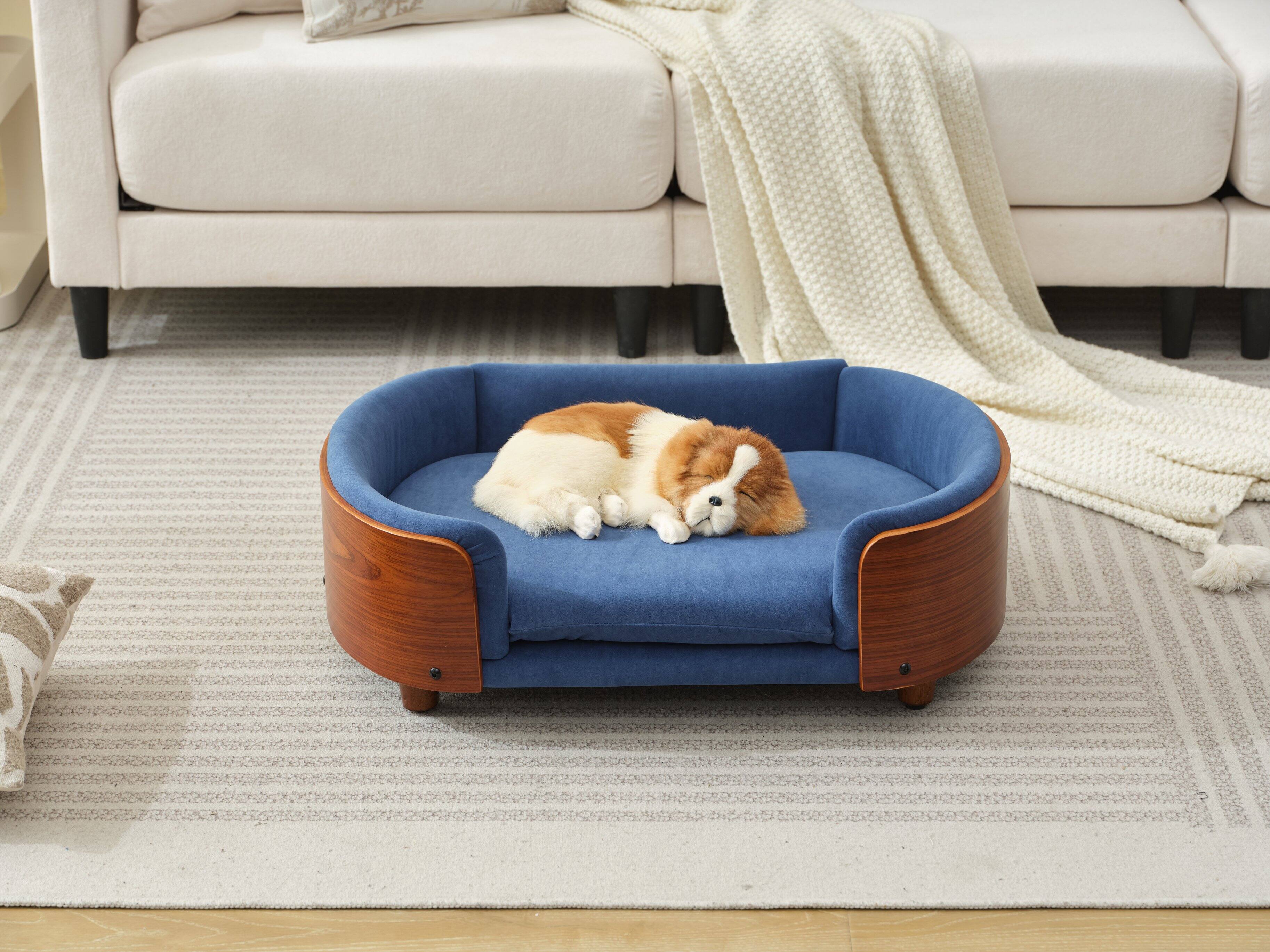 Front. Siljoy - Small Walnut Pet Sofa, Scandinavian Dog Bed with Solid Wood Legs & Dark Blue Velvet Cushion - Dark Blue.