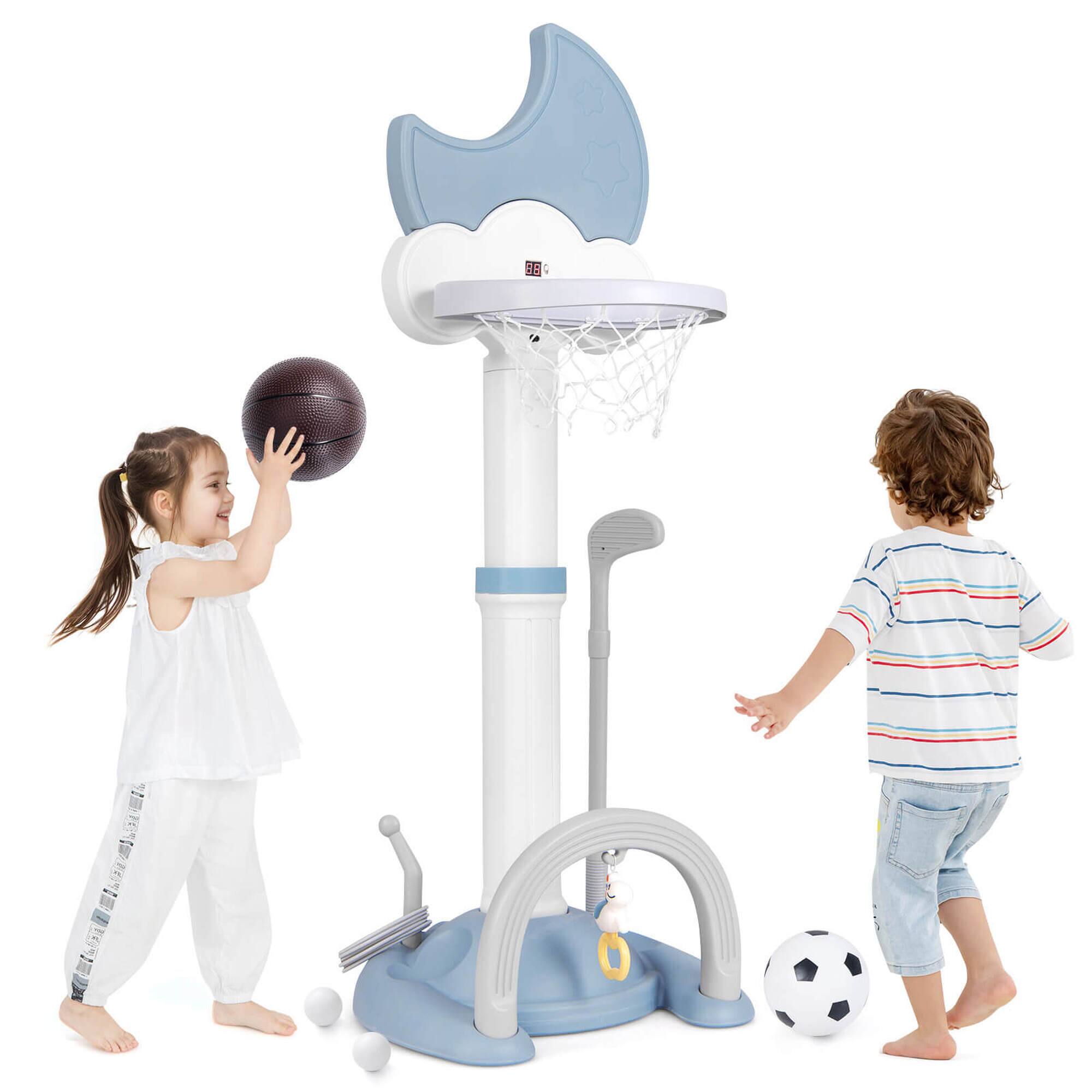 Costway - 4-in-1 Toddlers Basketball Hoop with Basketball Soccer Golf and Ring Toss Game - Blue