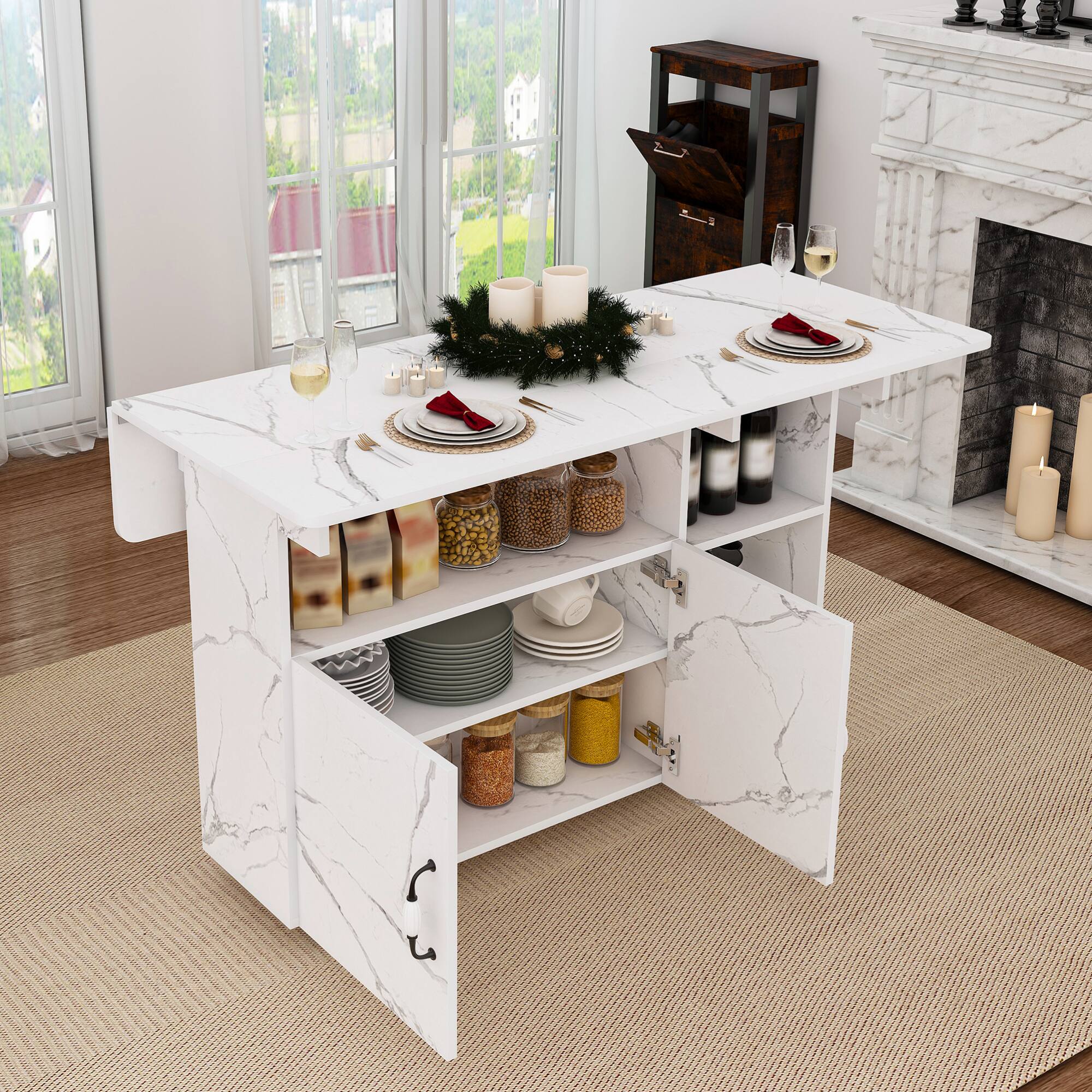 Alt View 2. GOODSILO - Space-Saving Foldable Multi-Purpose Table with Integrated Storage Shelves and Locking Wheels - White.