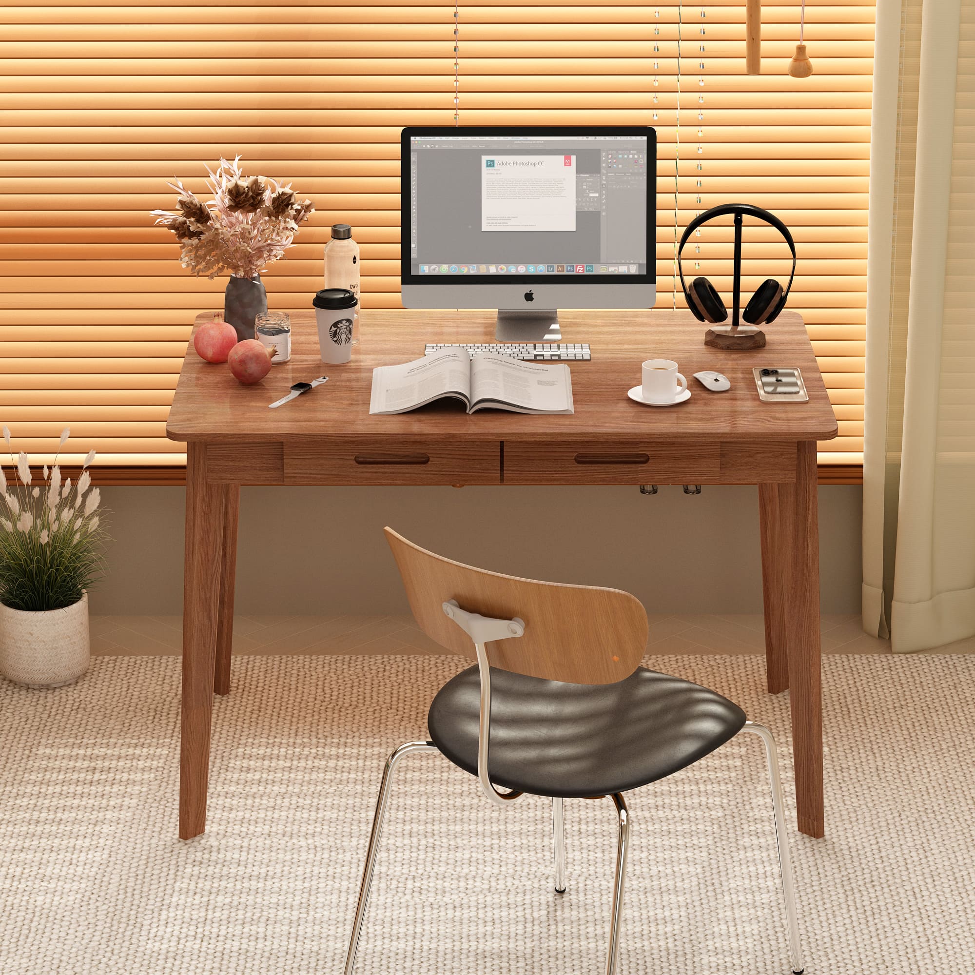 FUFU&GAGA - 39.4" Dual - Drawer Office Desk - Versatile Workstation for Study & Gaming - Brown