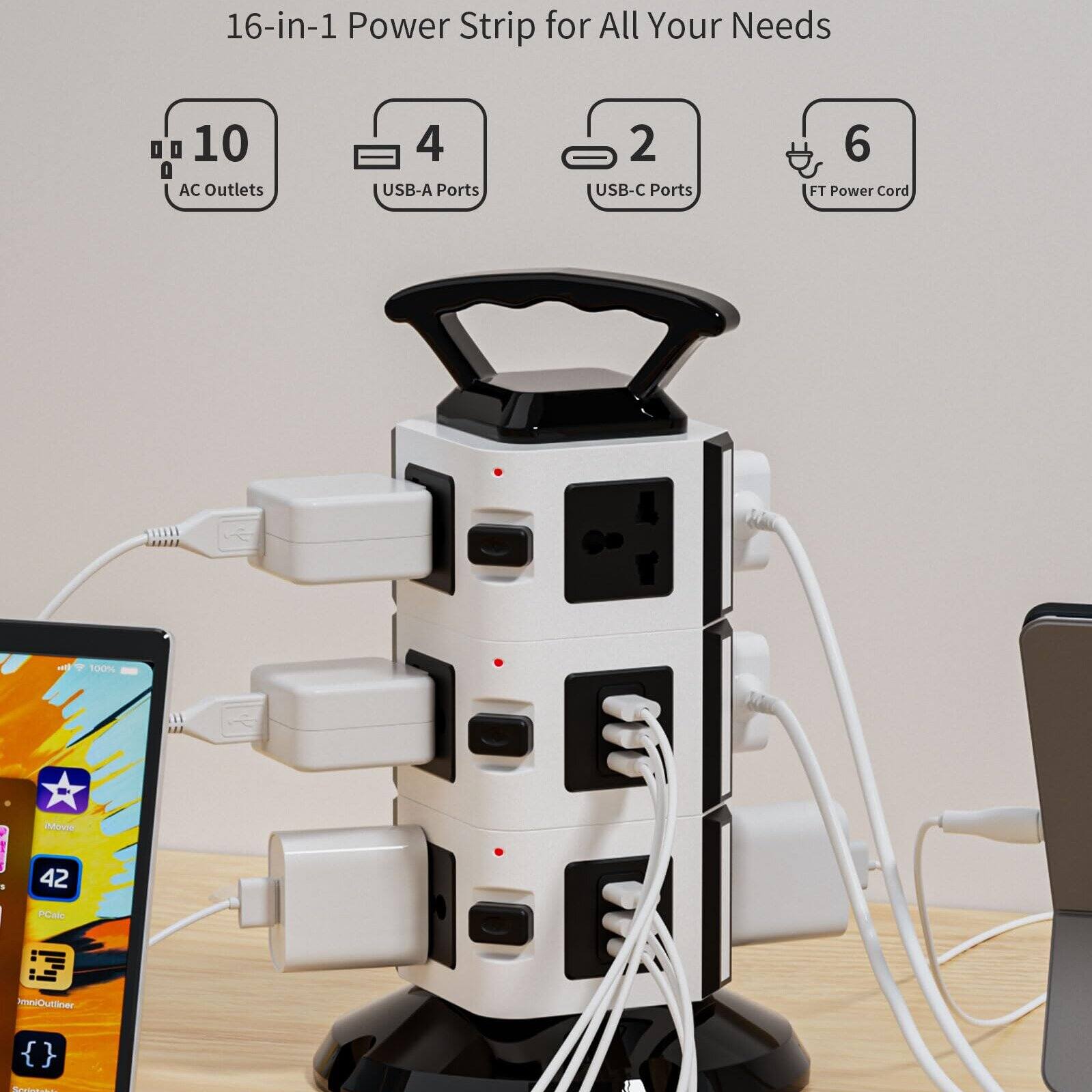16-in-1 Power Strip for All Your Needs

- 10 AC Outlets
- 4 USB-A Ports
- 2 USB-C Ports
- 6 FT Power Cord

100% Move

42 PCMe HevO