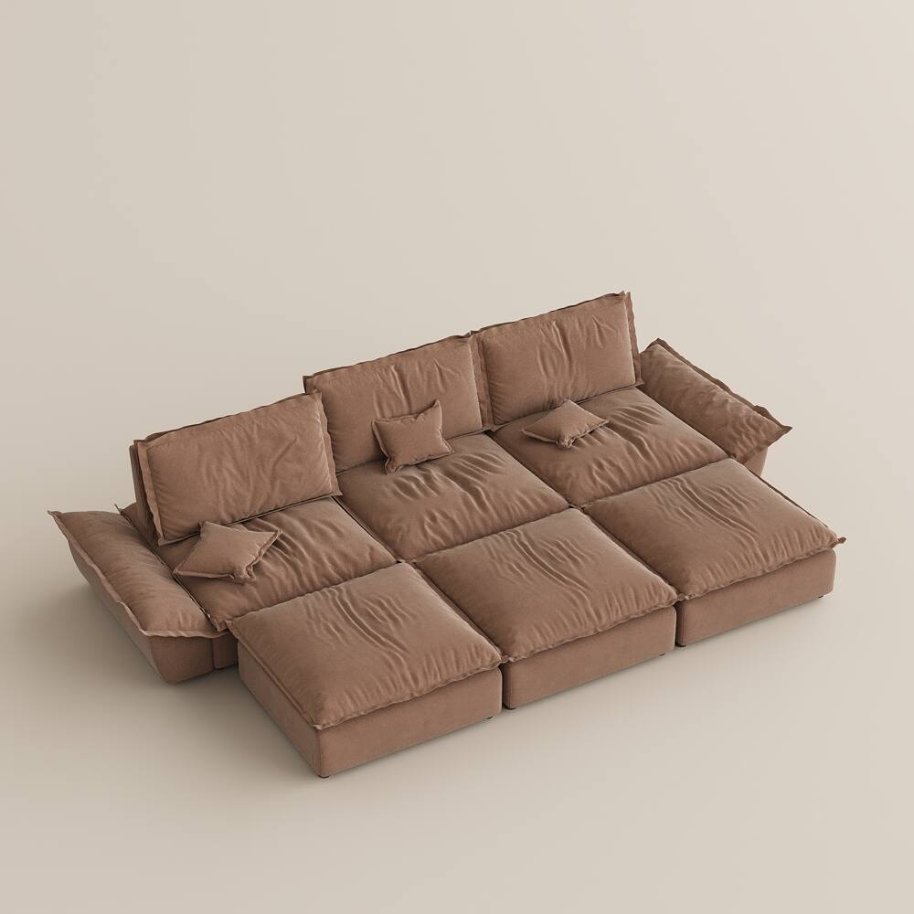 Alt View 10. POVISON - Modern Beige Sleeper Sofa with 3 Ottomans - Brown Suede Fabric.