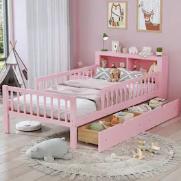 GOODSILO - Twin Size Bed with Headboard Storage and Under-Bed Drawers Featuring Safety Guardrails - Pink